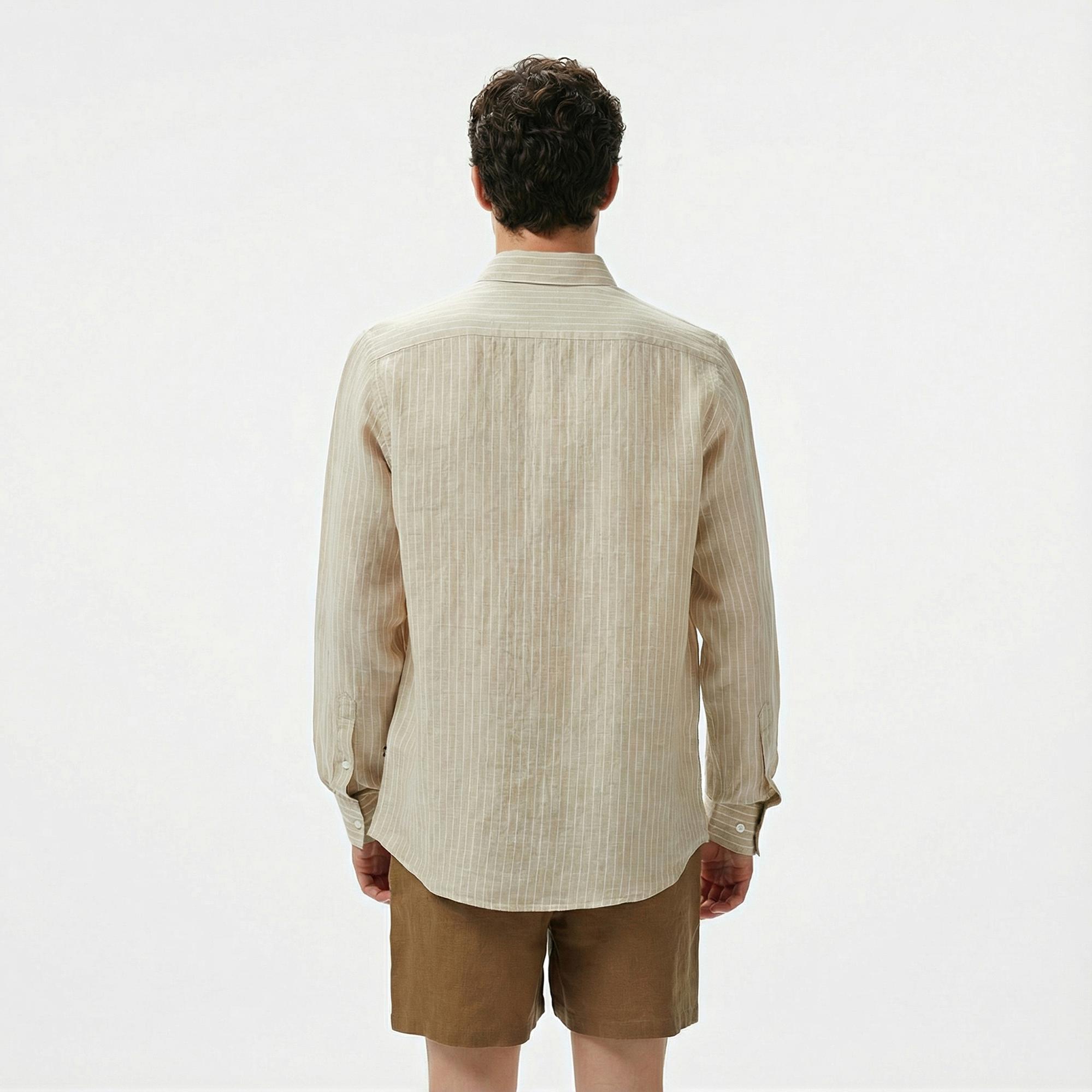 Nautica Erkek Bej Classic Fit Çizgili Keten Gömlek