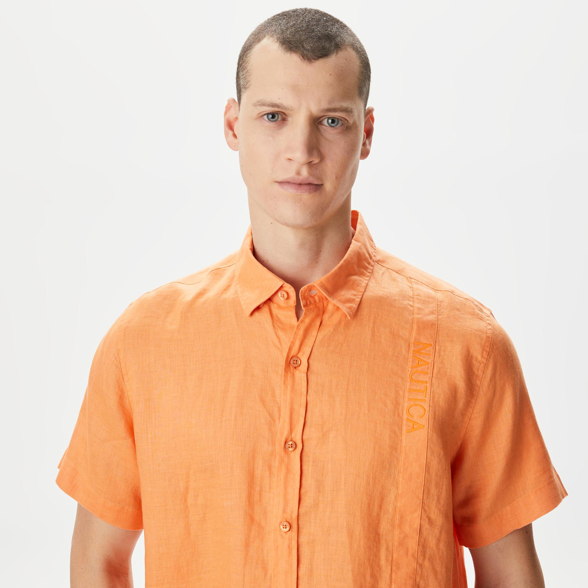 Nautica Erkek Turuncu Classic Fit Kısa Kollu Keten Gömlek