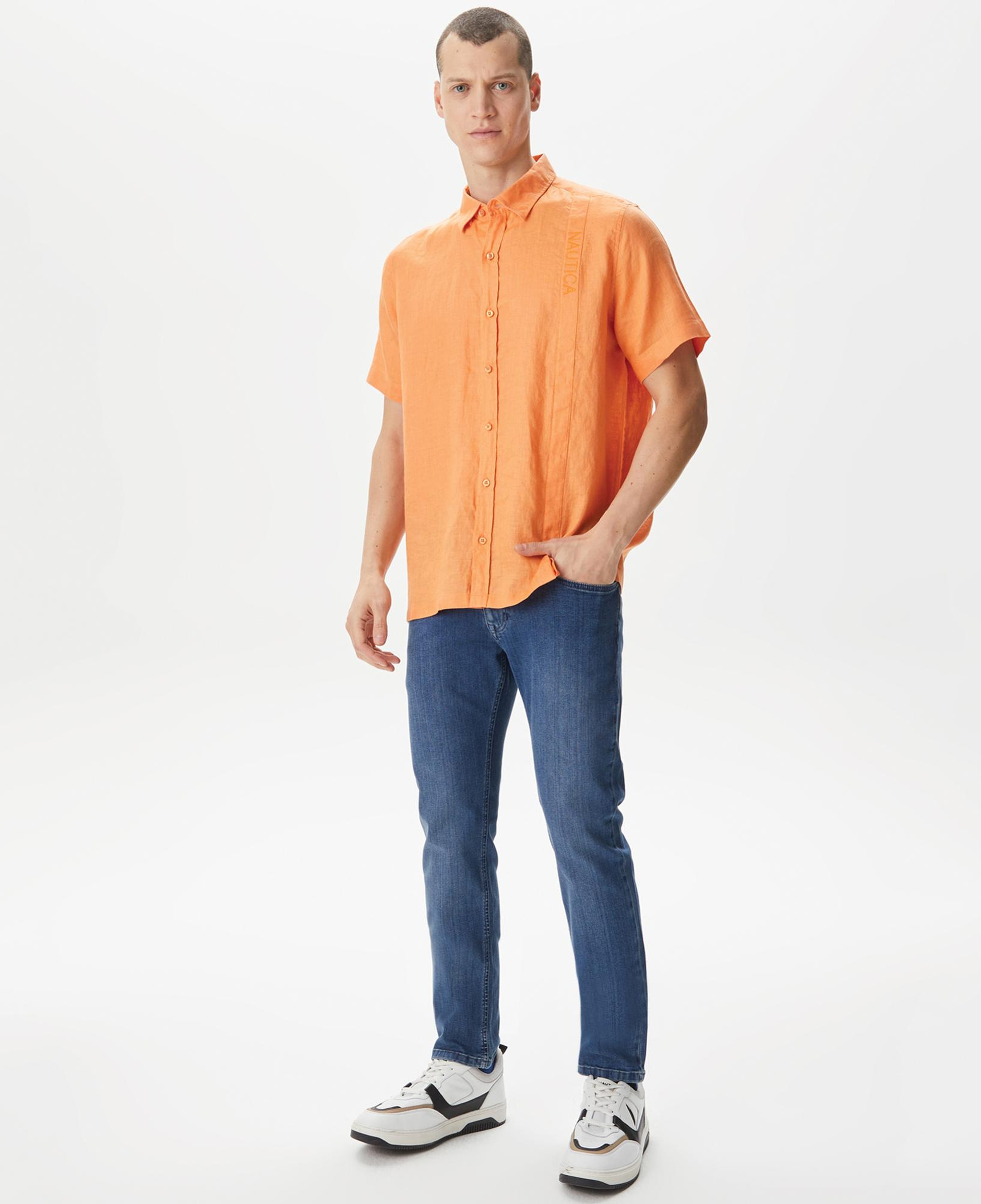 Nautica Erkek Turuncu Classic Fit Kısa Kollu Keten Gömlek