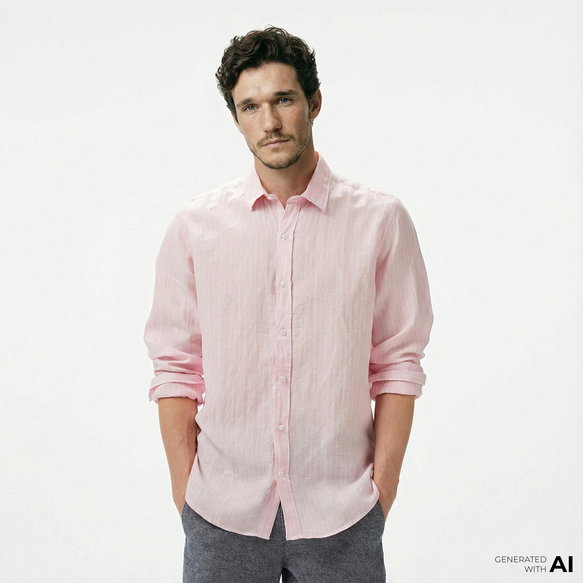 Nautica Erkek Pembe Classic Fit Çizgili Keten Gömlek