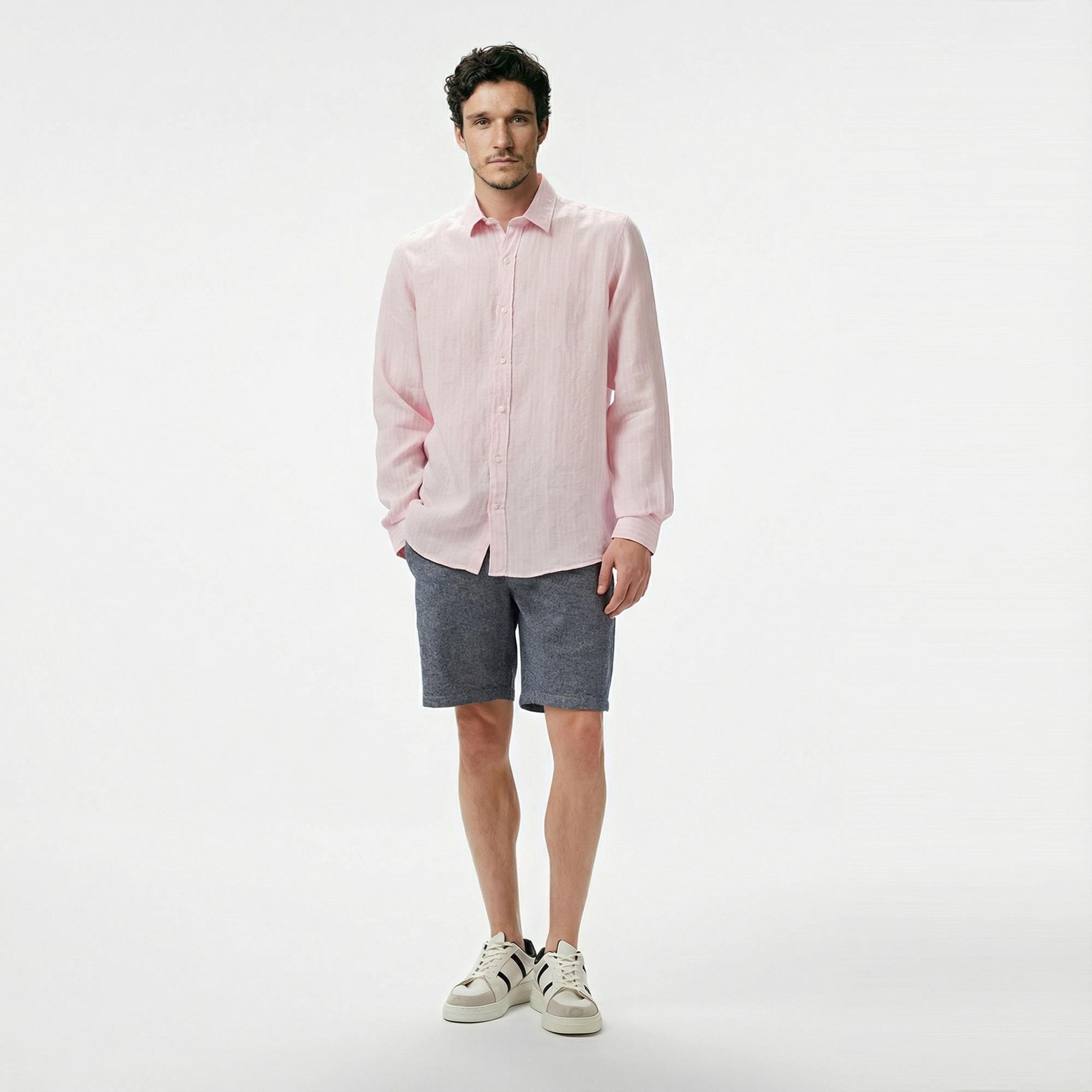 Nautica Erkek Pembe Classic Fit Çizgili Keten Gömlek