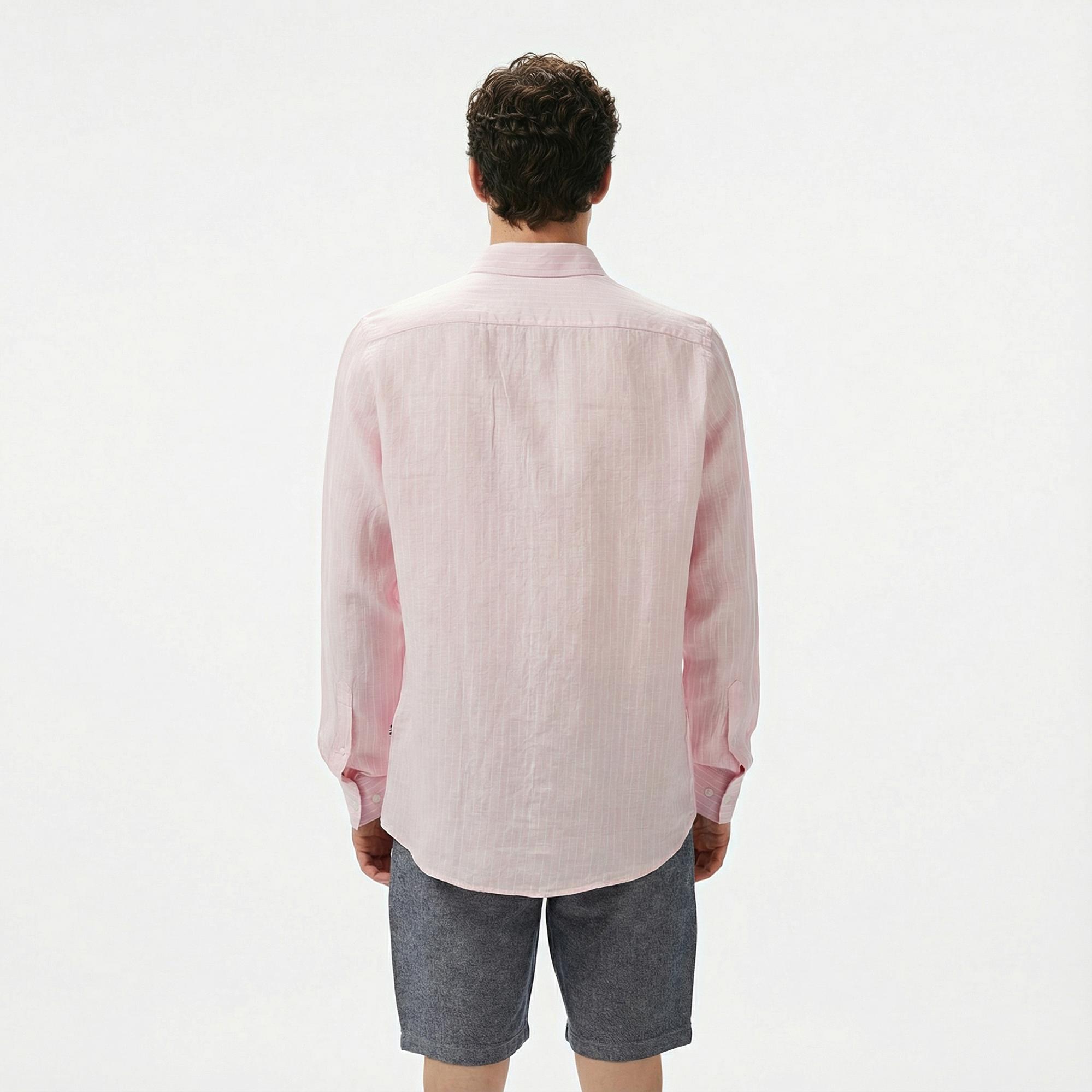 Nautica Erkek Pembe Classic Fit Çizgili Keten Gömlek