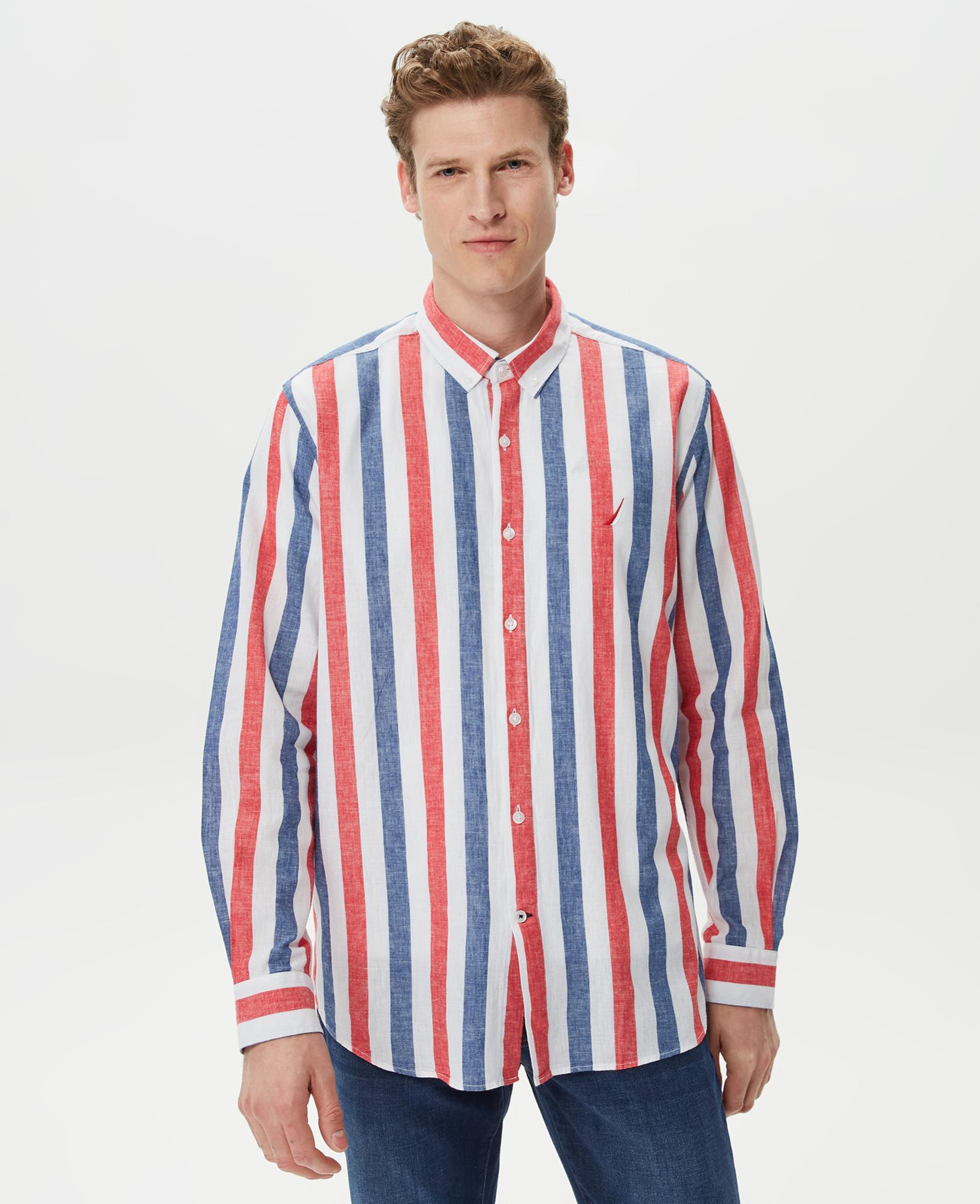 Nautica Erkek Kırmızı Classic Fit Uzun Kollu Keten Gömlek