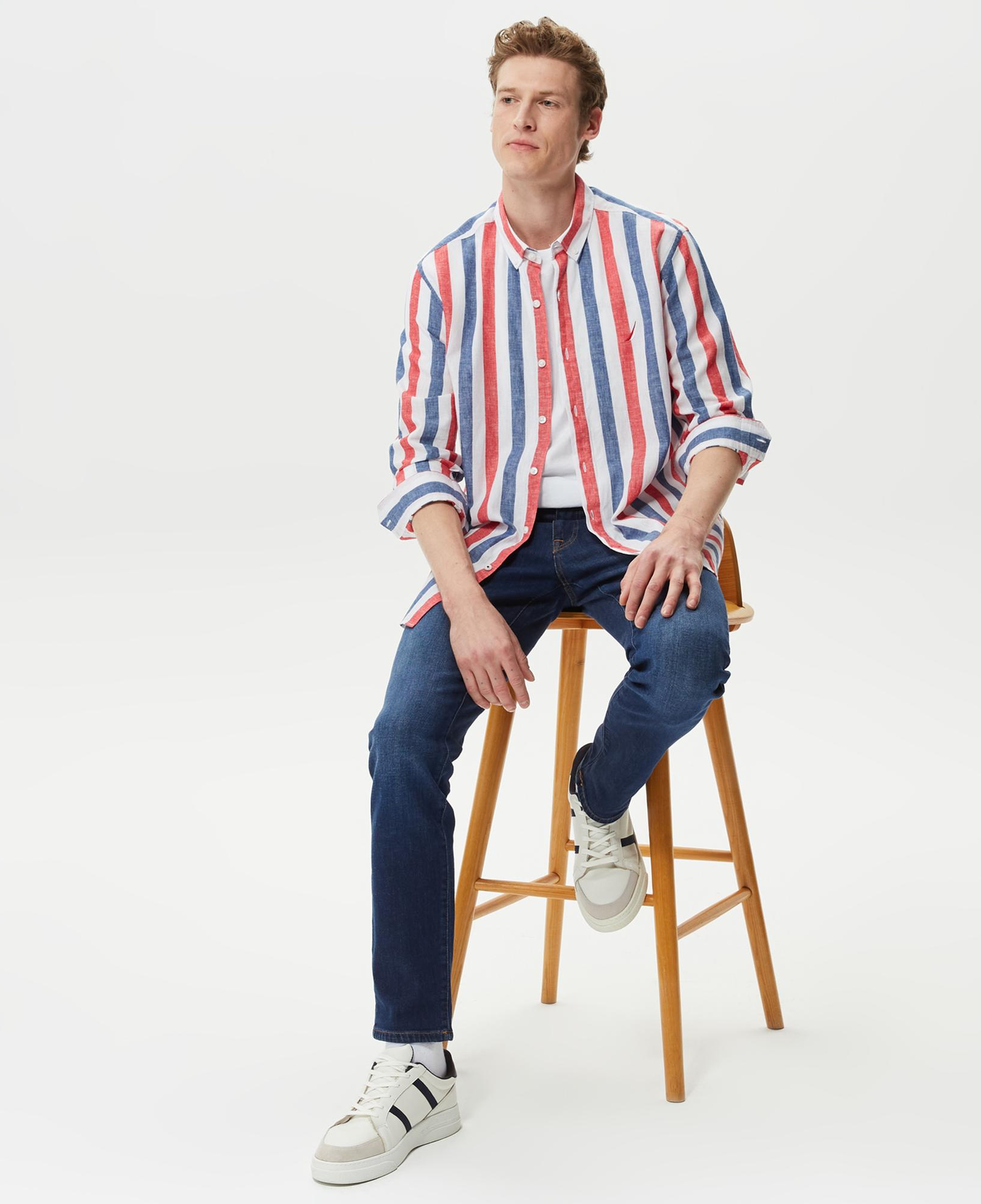 Nautica Erkek Kırmızı Classic Fit Uzun Kollu Keten Gömlek