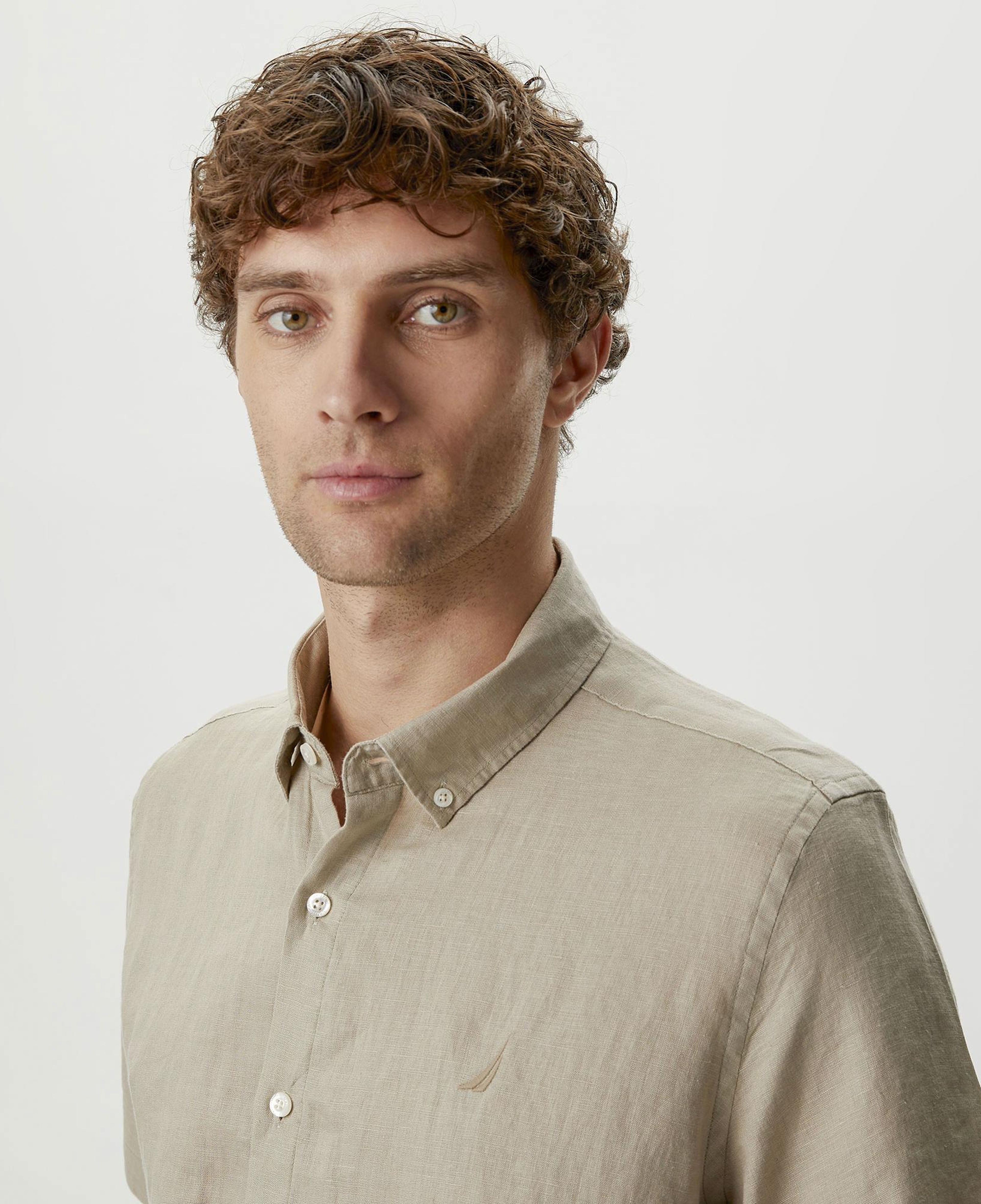 Nautica Erkek Bej Classic Fit Kısa Kollu Keten Gömlek