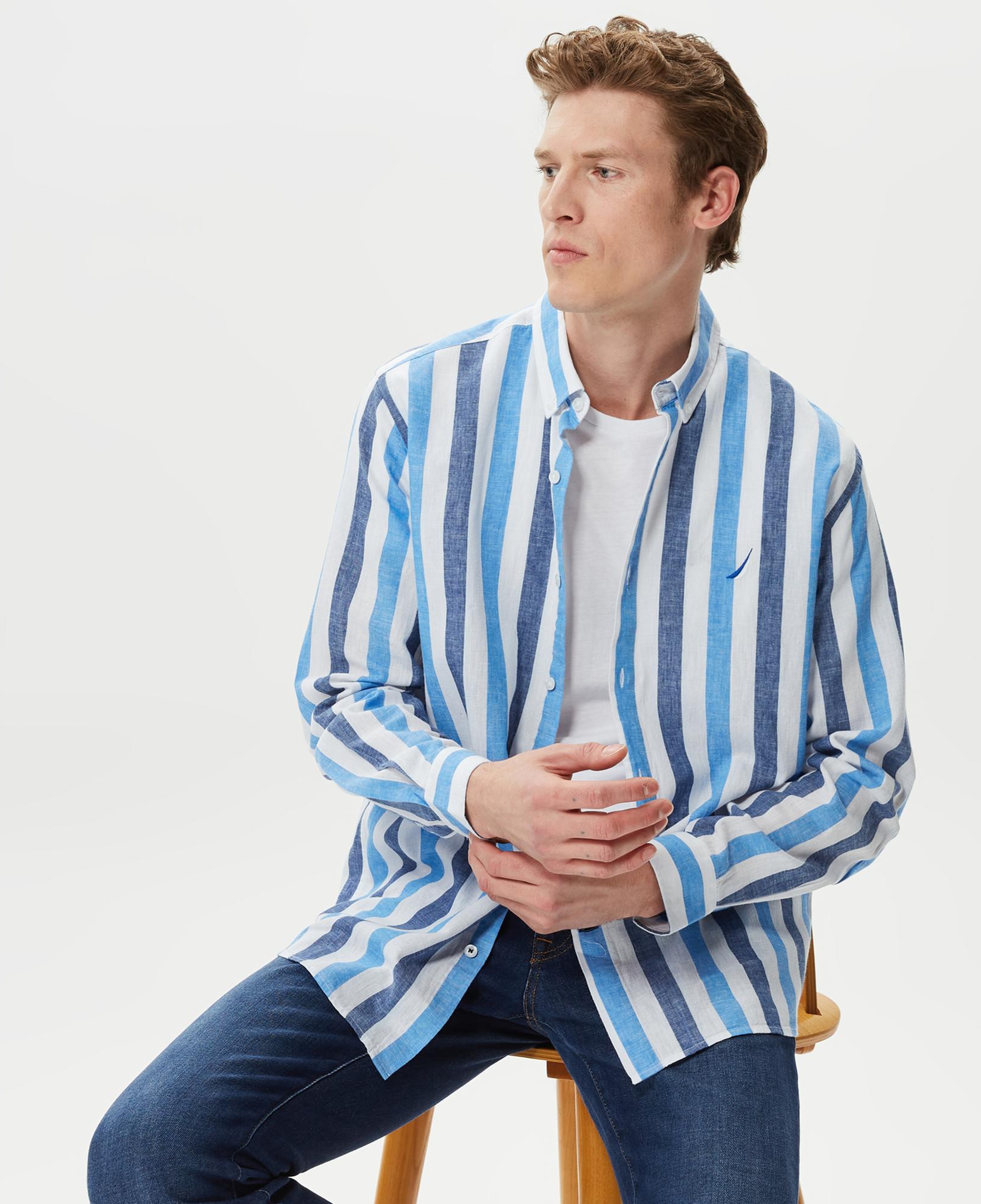 Nautica Erkek Mavi Çizgili Classic Fit Uzun Kollu Keten Gömlek