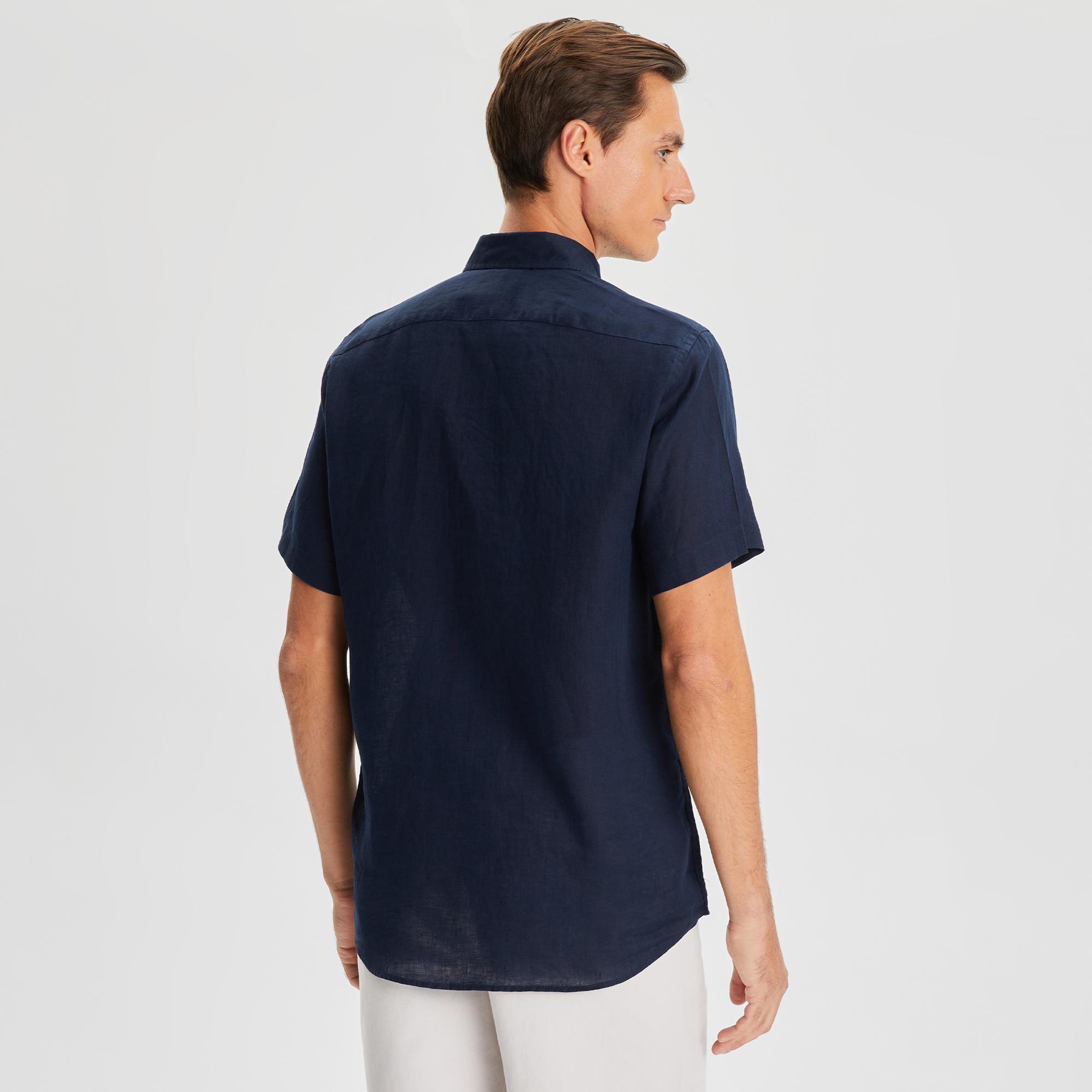 Nautica Erkek Lacivert Classic Fit Kısa Kollu Keten Gömlek