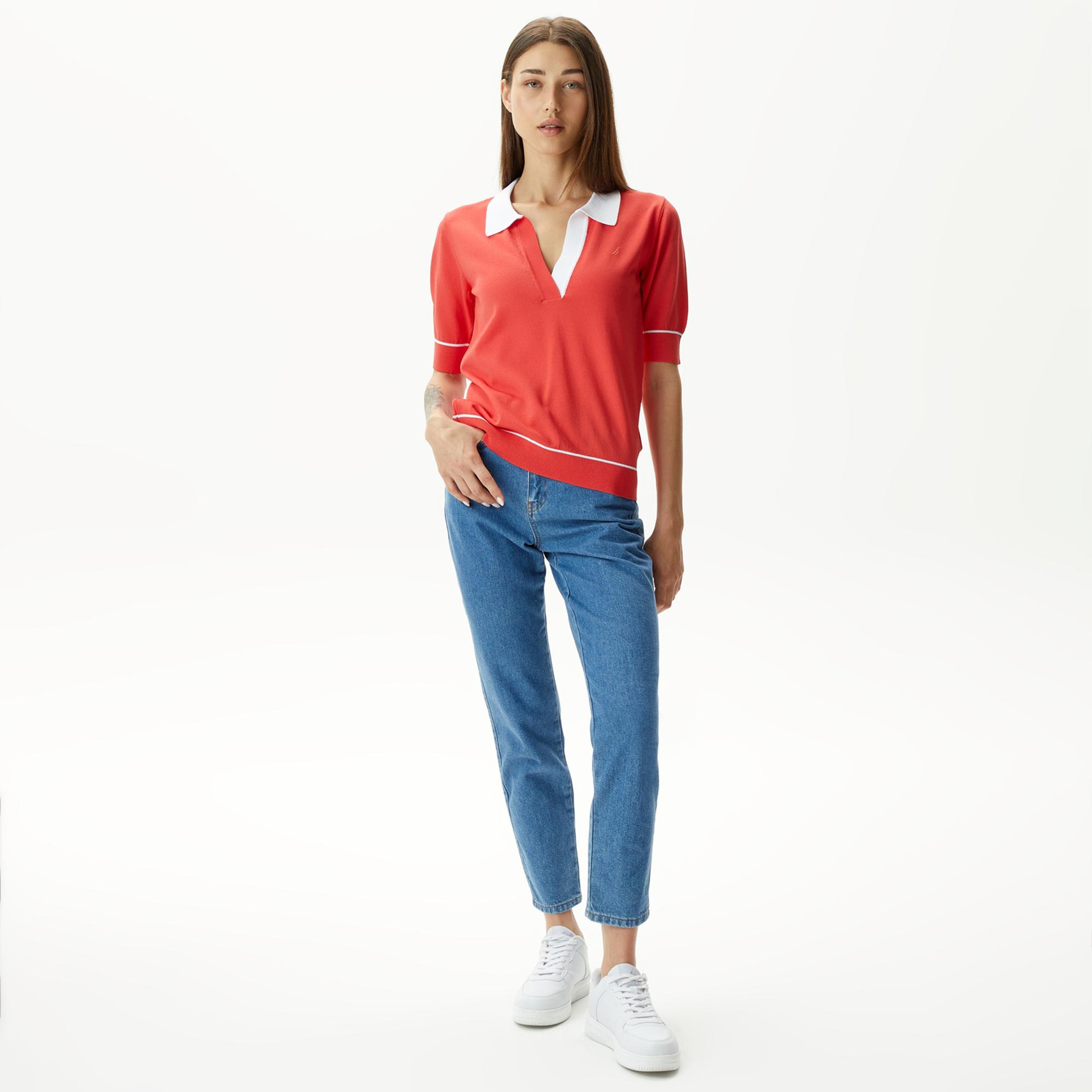 Nautica Kadın Kırmızı Relaxed Fit Kısa Kollu Triko