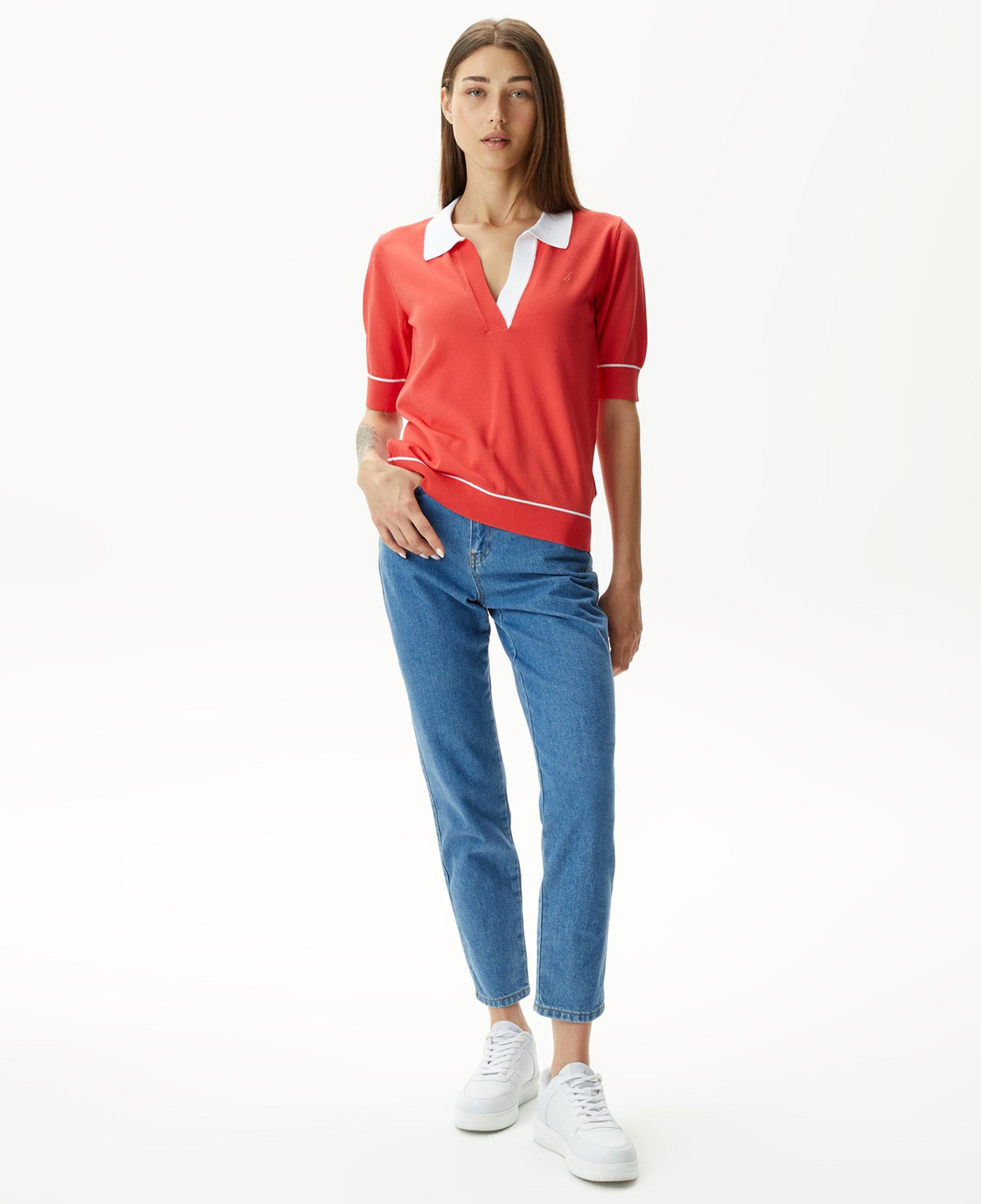 Nautica Kadın Kırmızı Relaxed Fit Kısa Kollu Triko