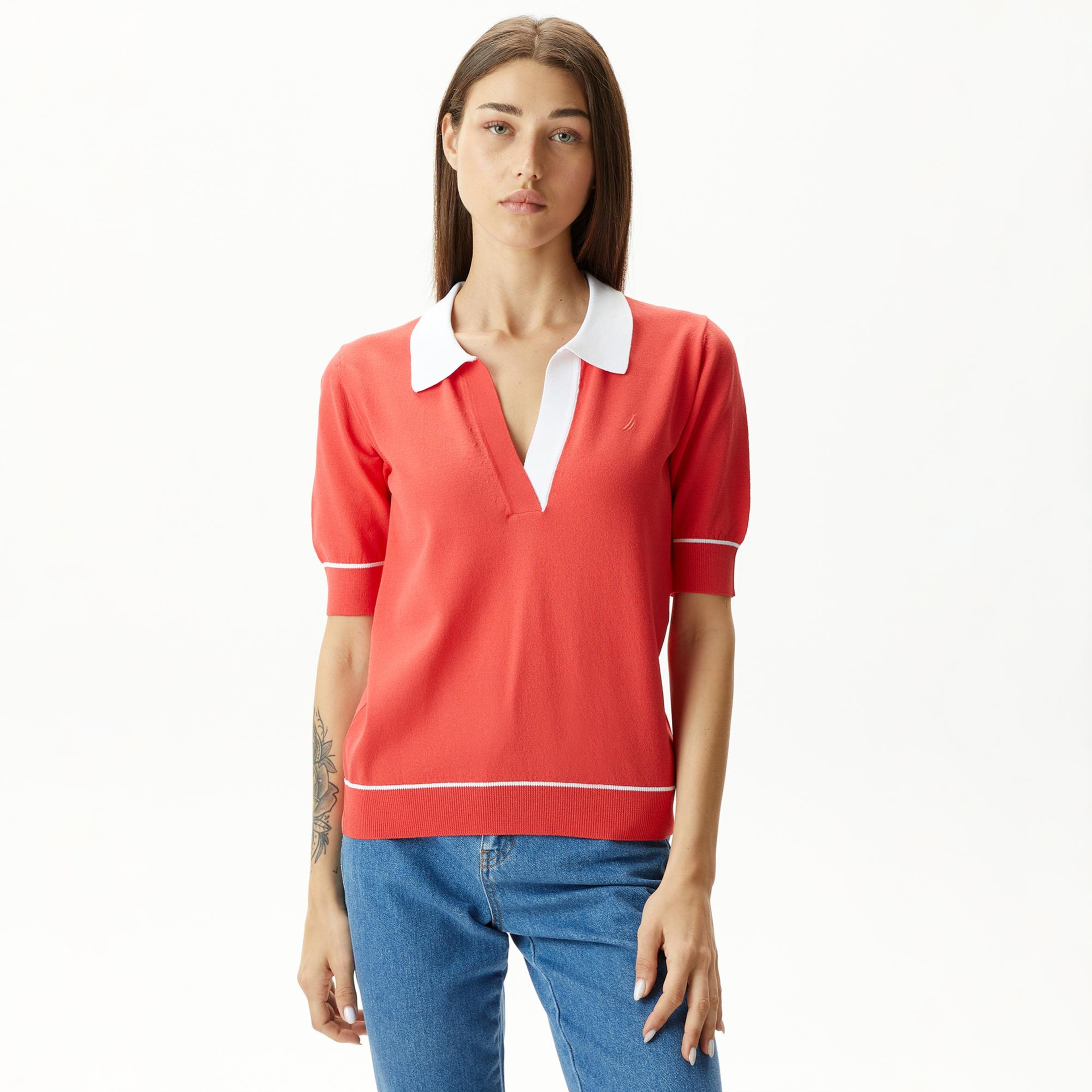 Nautica Kadın Kırmızı Relaxed Fit Kısa Kollu Triko