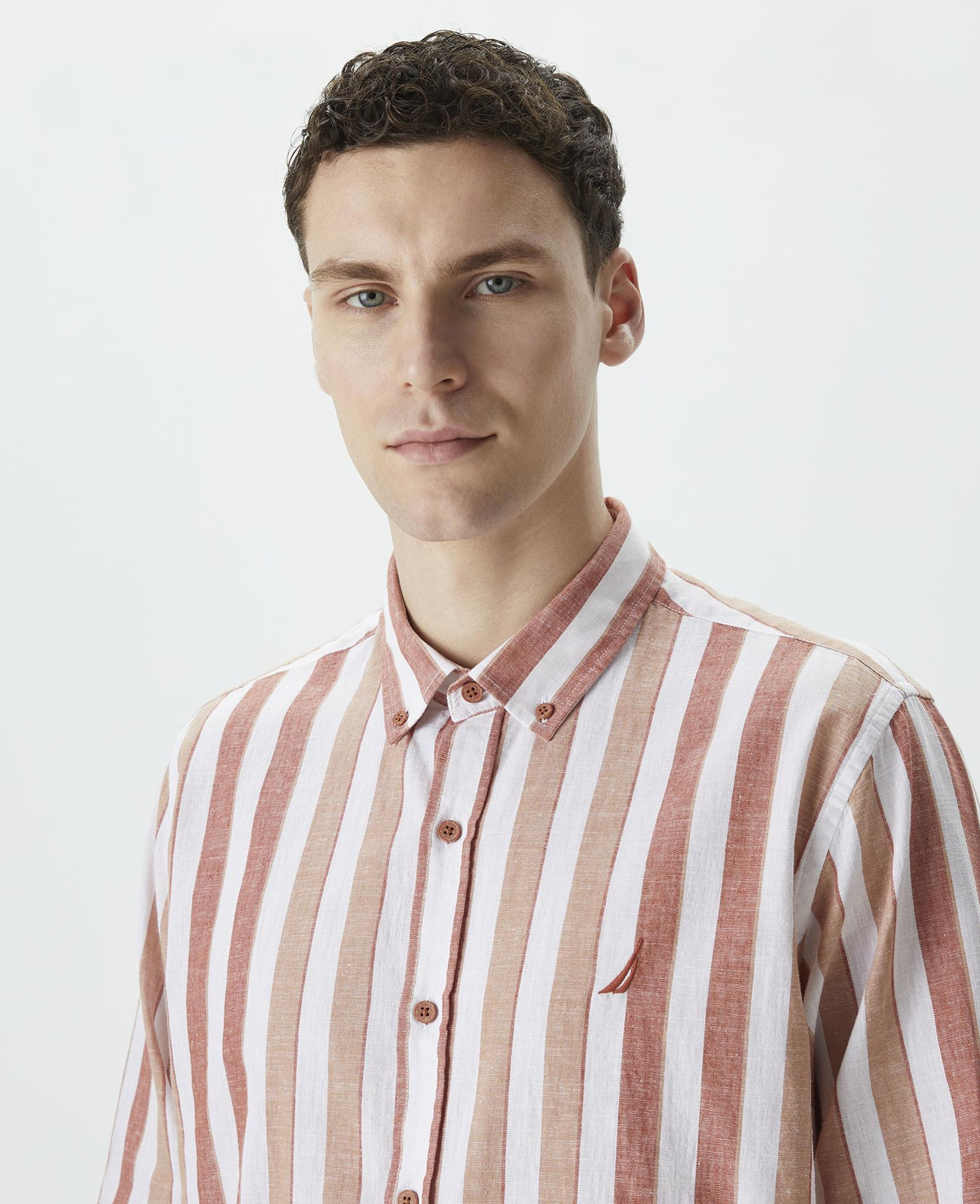 Nautica Erkek Turuncu Classic Fit Uzun Kollu Çizgili Keten Gömlek