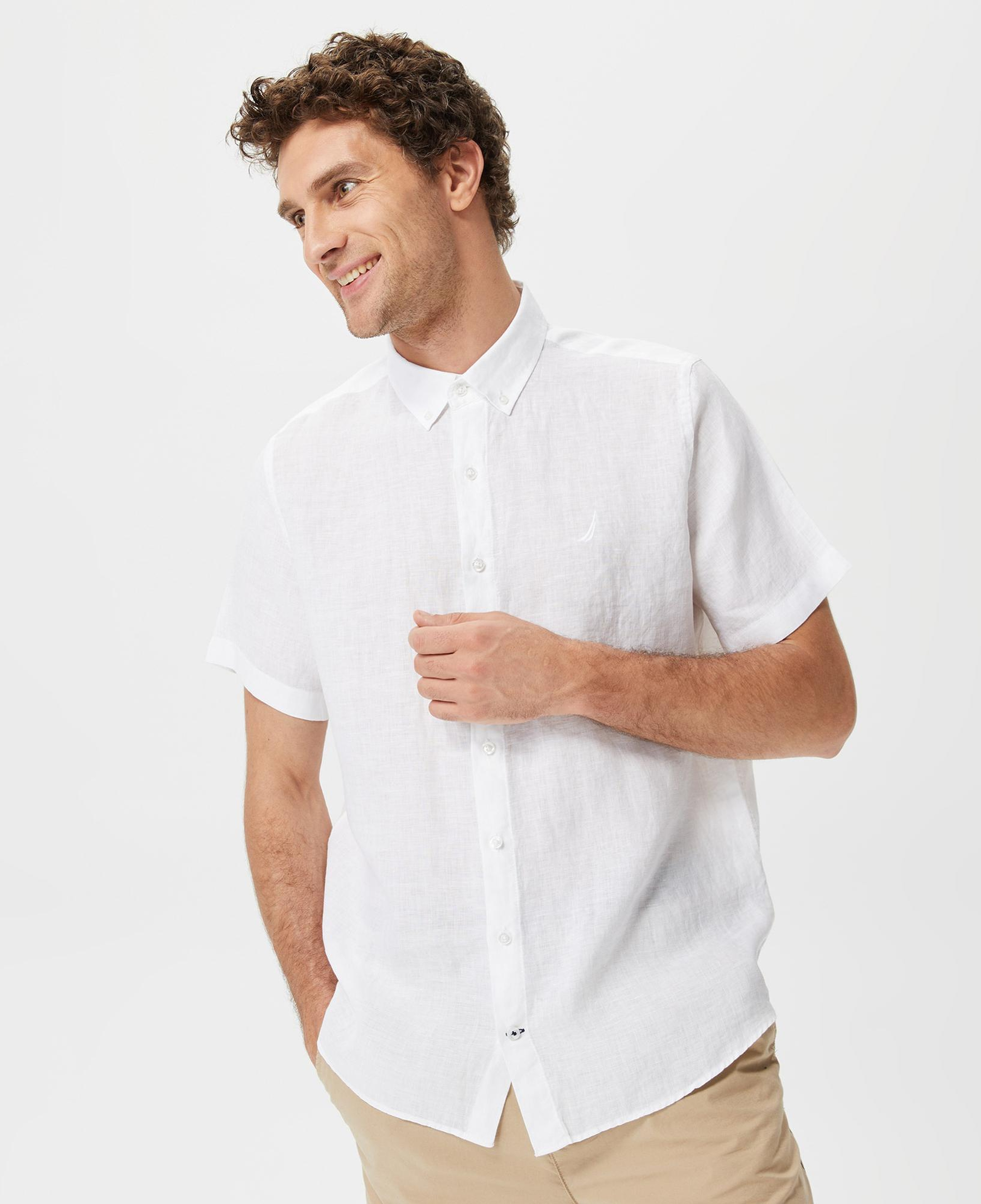 Nautica Erkek Beyaz Classic Fit Kısa Kollu Keten Gömlek