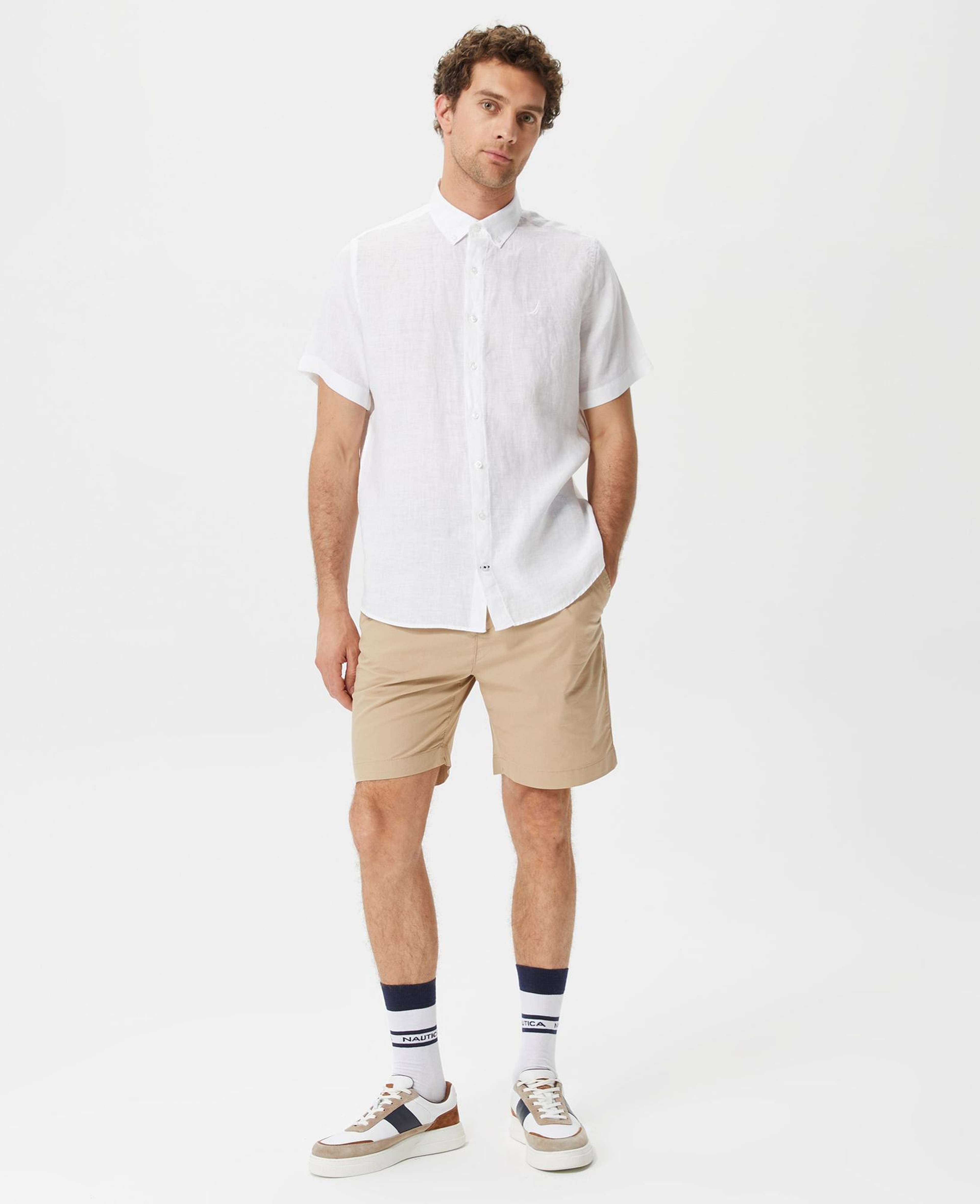 Nautica Erkek Beyaz Classic Fit Kısa Kollu Keten Gömlek