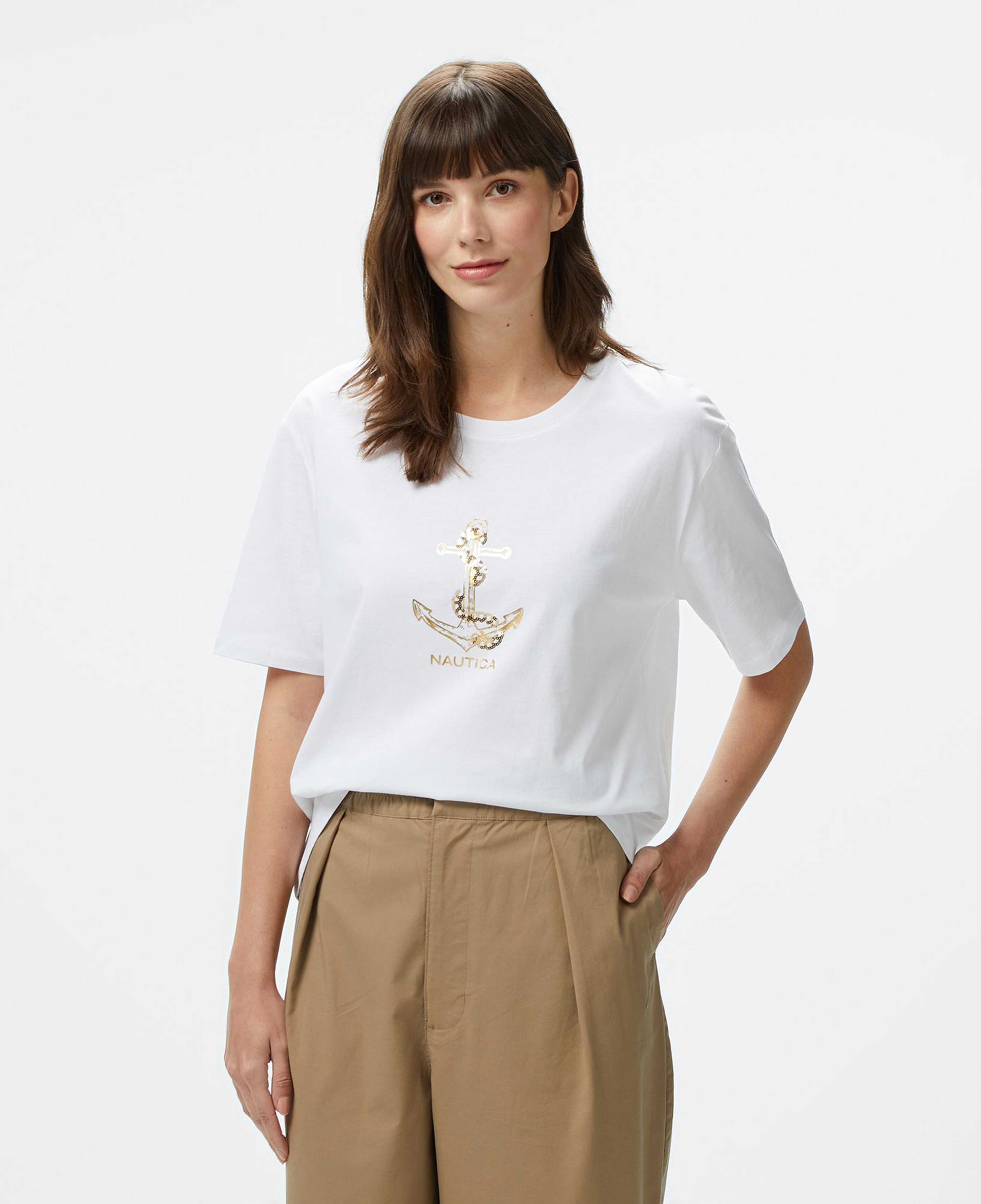 Nautica Kadın Beyaz Regular Fit Nakışlı T-Shirt