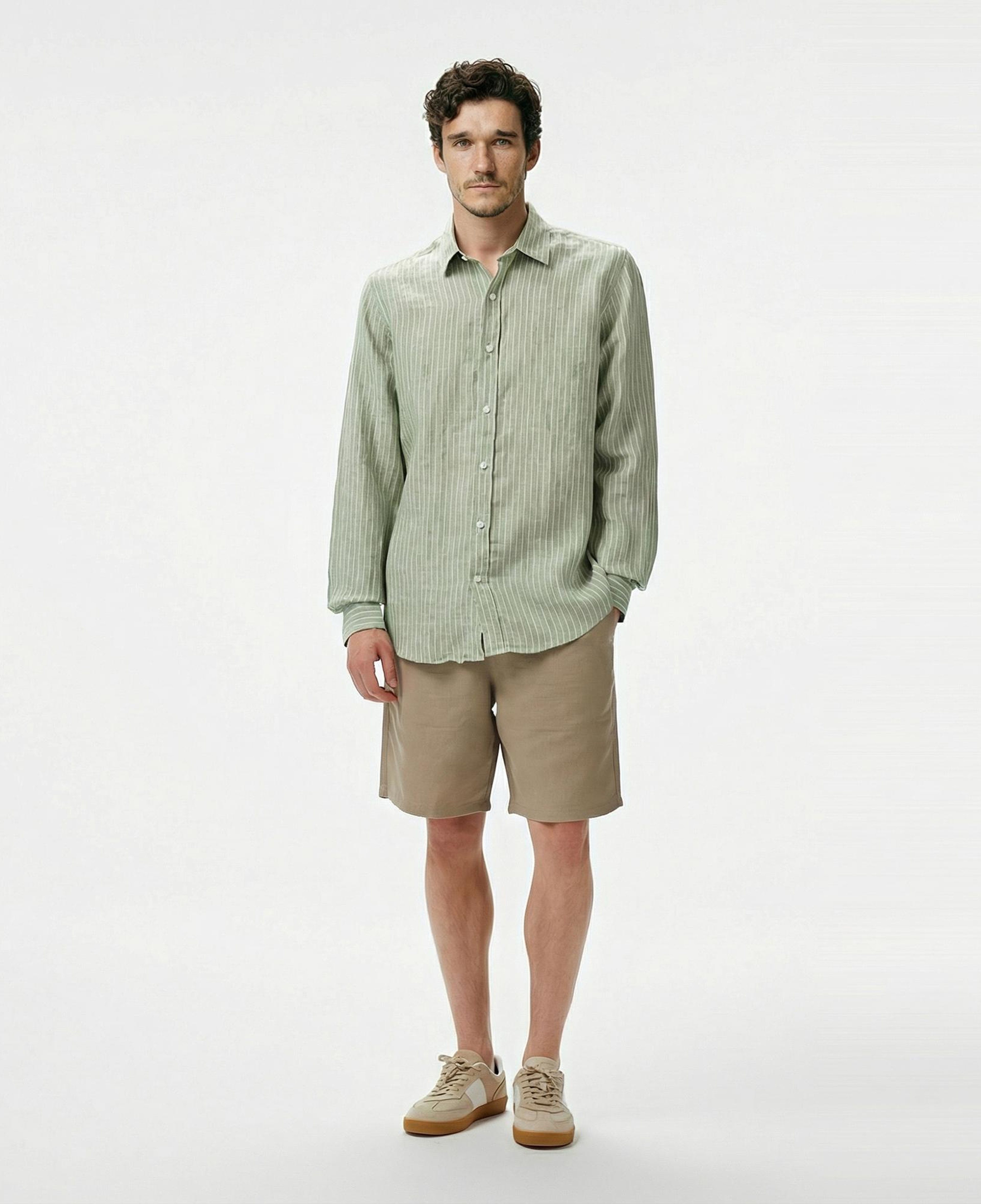 Nautica Erkek Yeşil Classic Fit Çizgili Keten Gömlek
