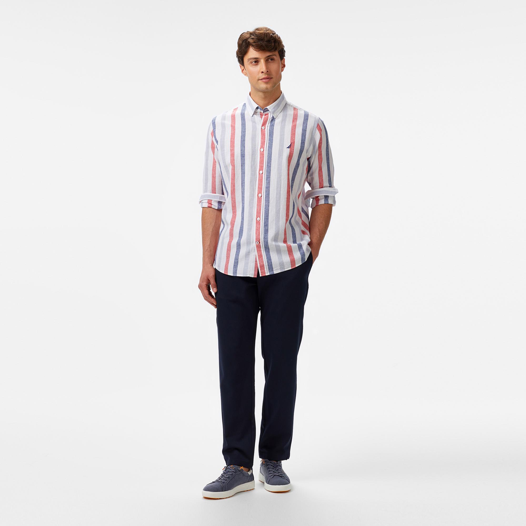 Nautica Erkek Kırmızı Classic Fit Çizgili Gömlek