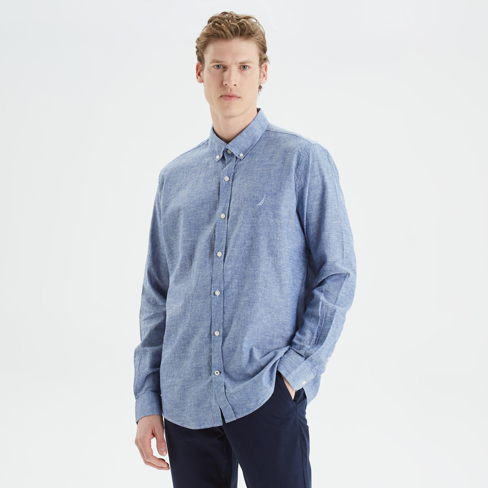 Nautica Erkek Mavi Slim Fit Uzun Kollu Keten Gömlek