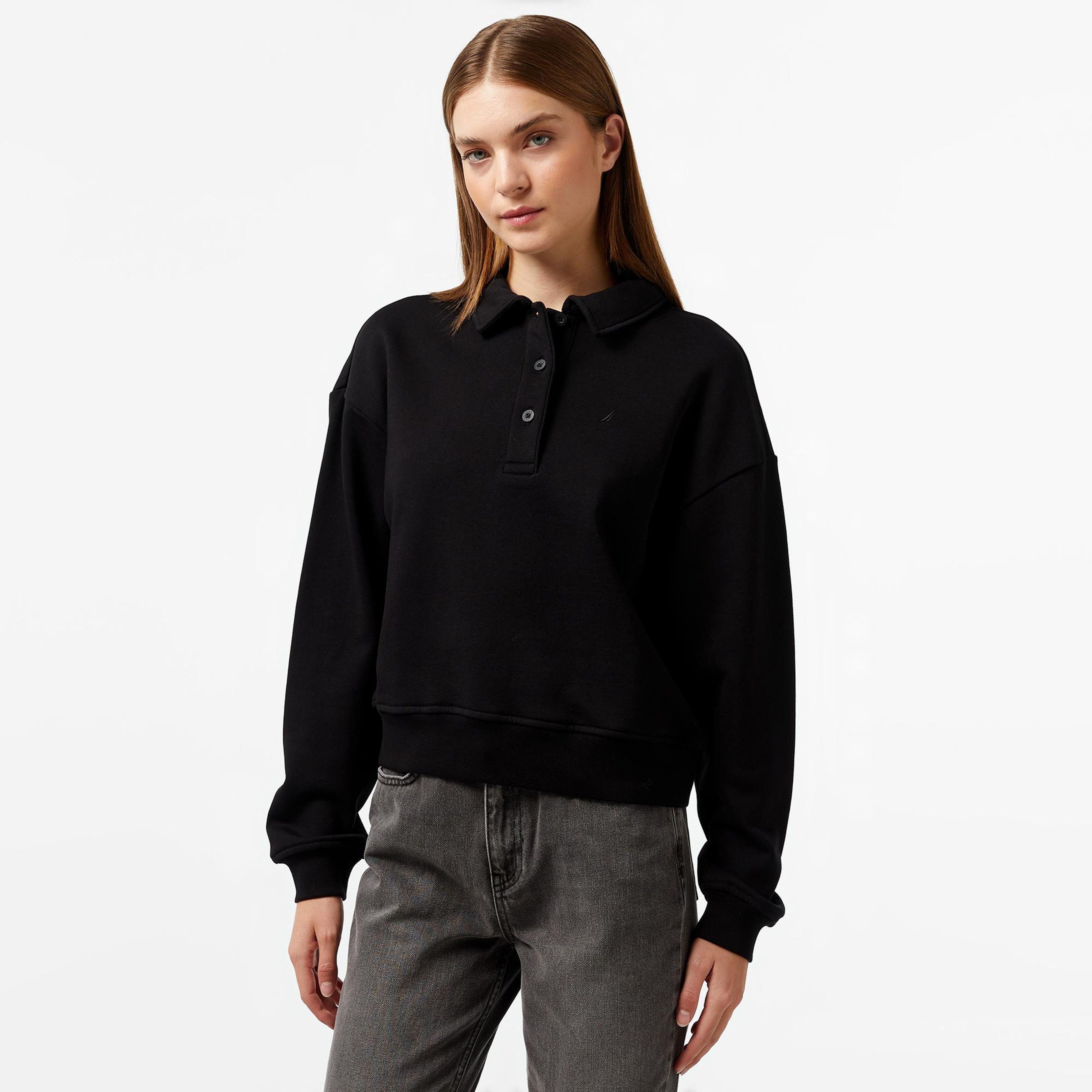 Nautica Kadın Siyah Oversize Uzun Kollu Polo