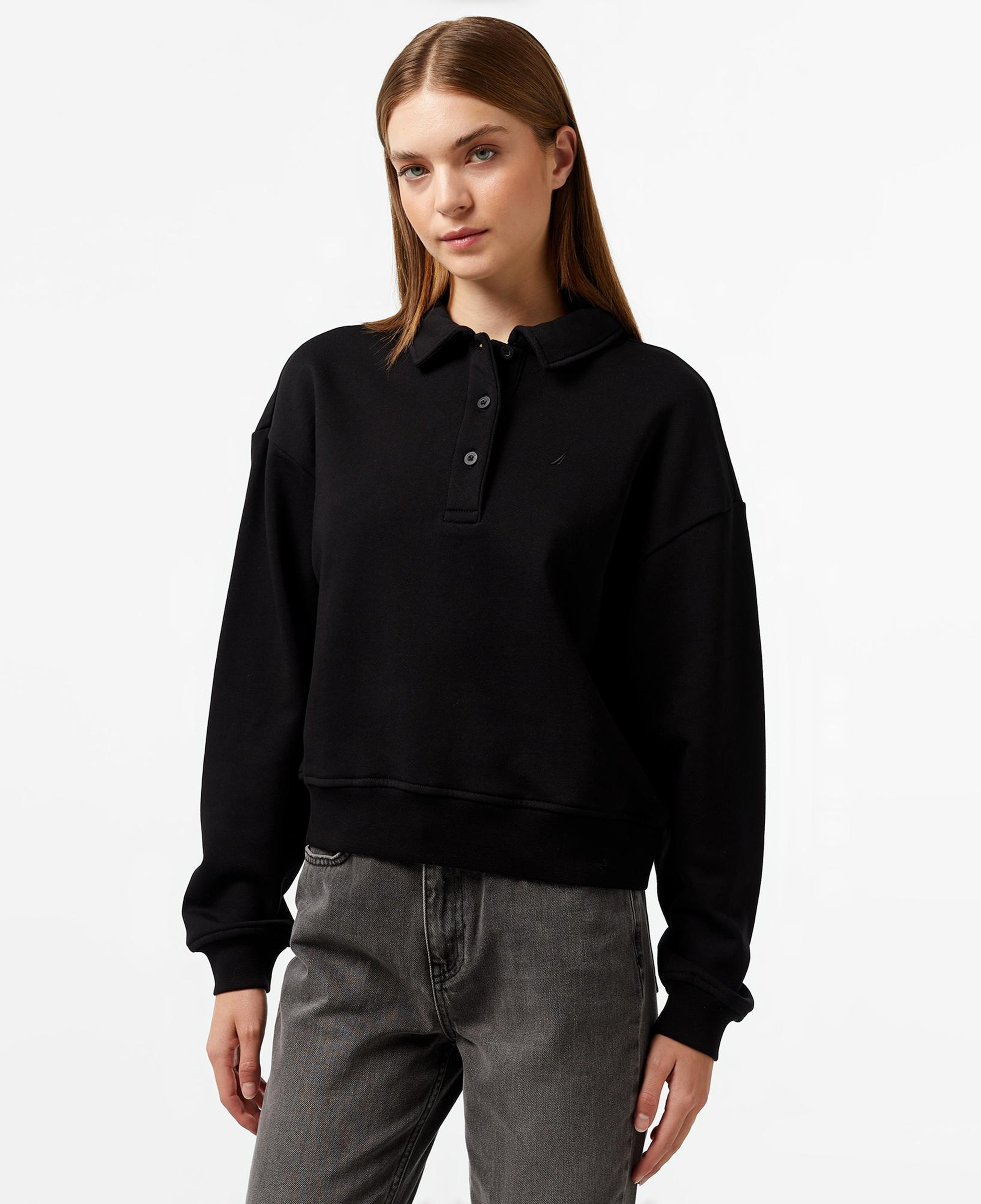 Nautica Kadın Siyah Oversize Uzun Kollu Polo