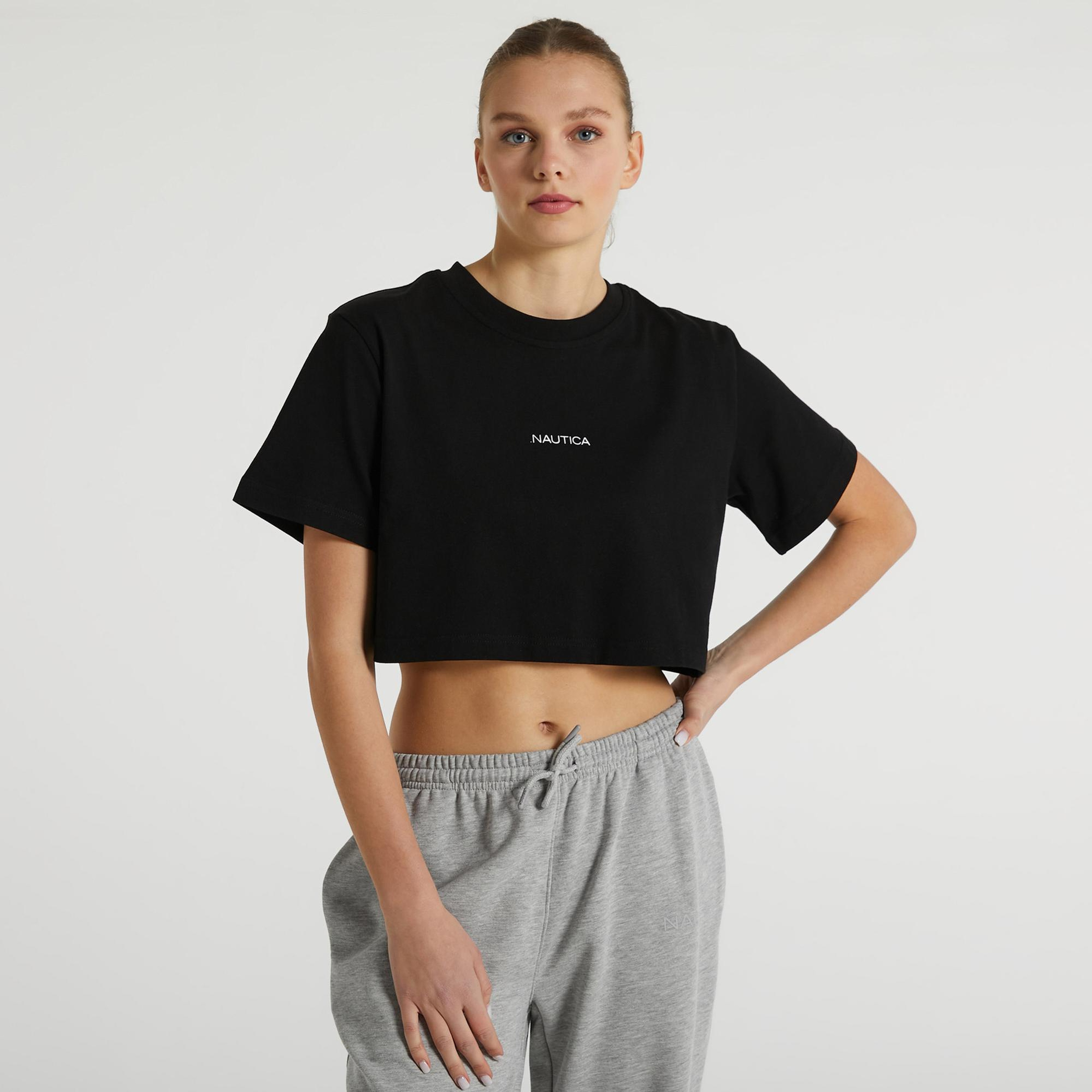 Nautica Kadın Siyah Relaxed Fit Crop T-Shirt