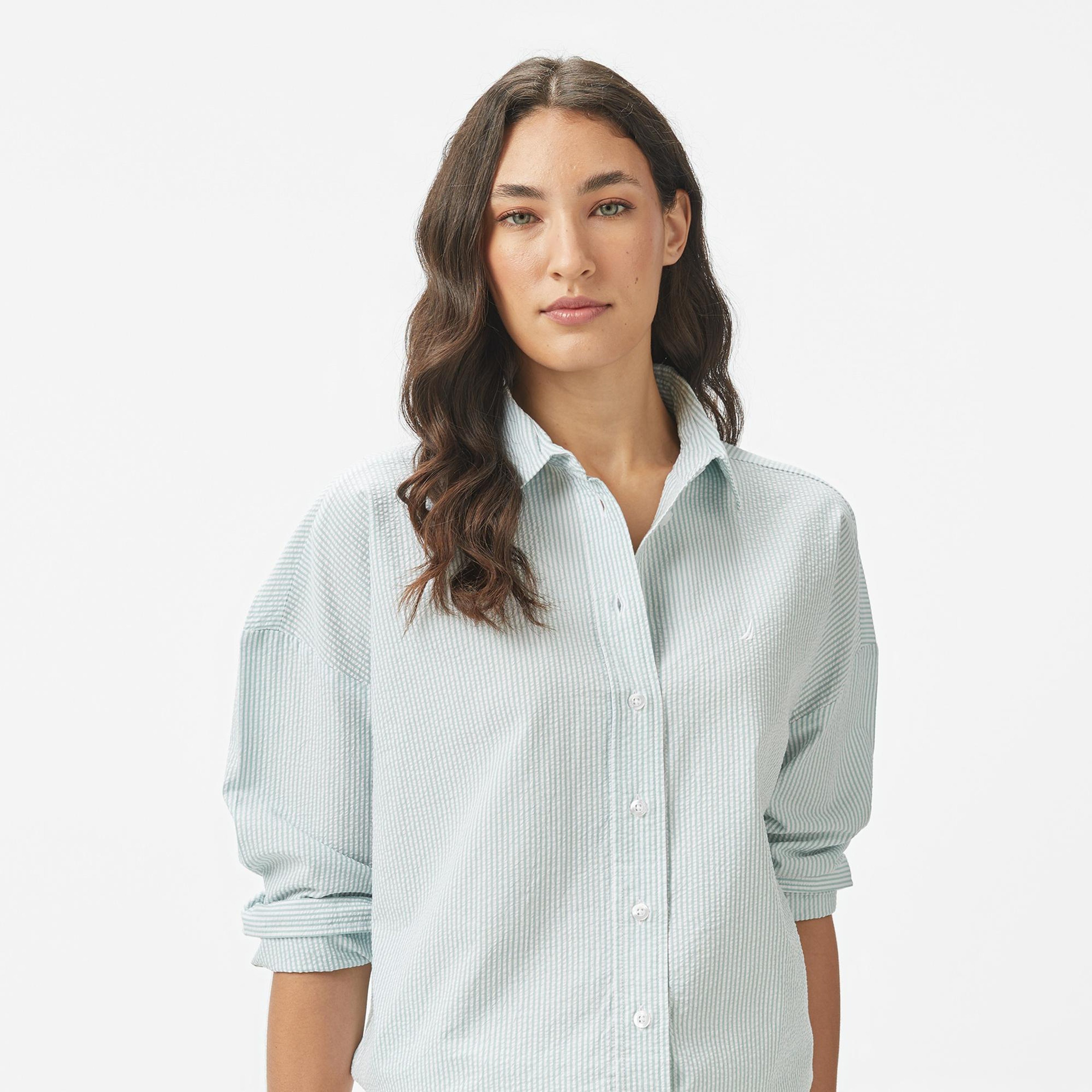 Nautica Kadın Yeşil Regular Fit Çizgili Gömlek