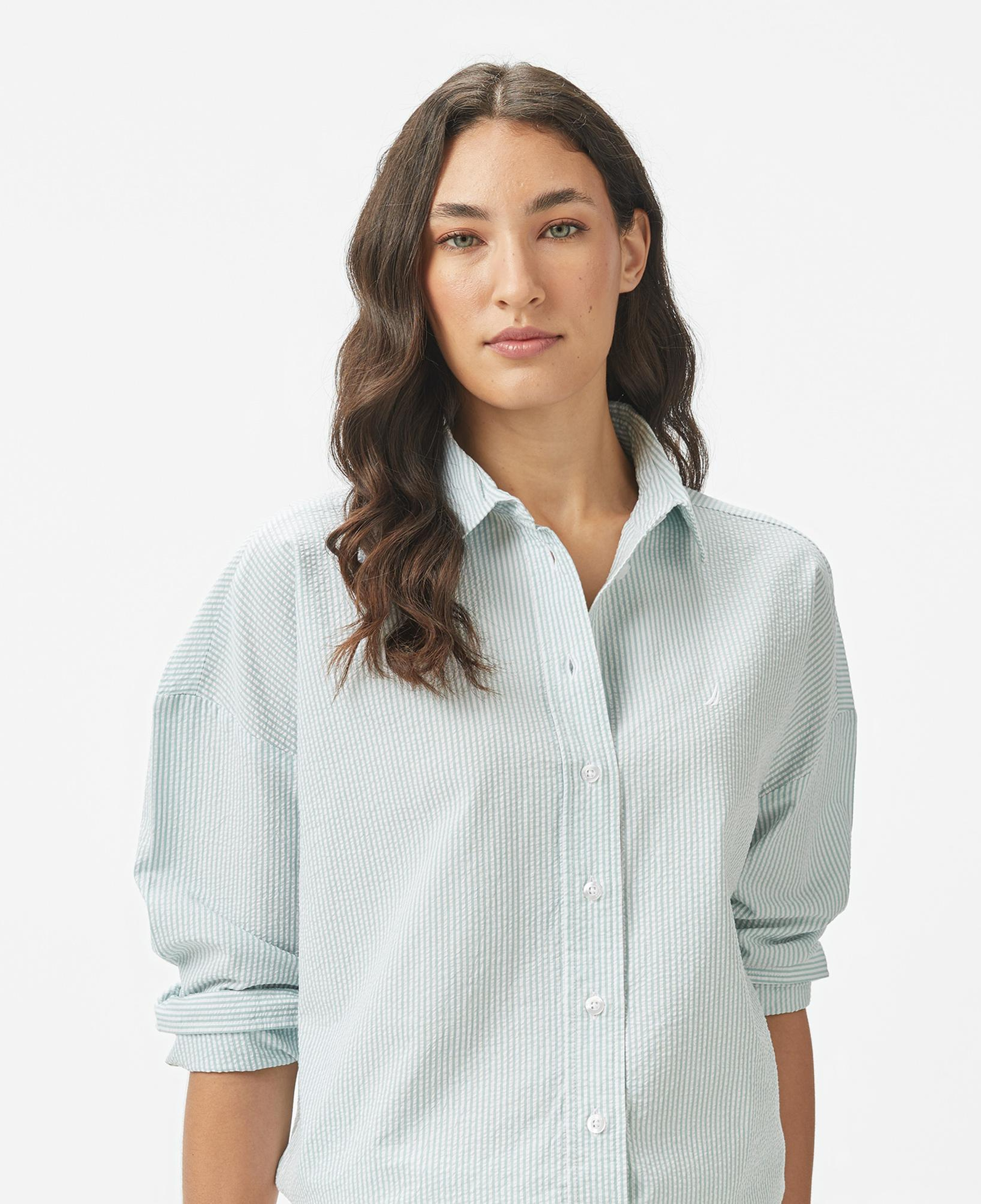 Nautica Kadın Yeşil Regular Fit Çizgili Gömlek