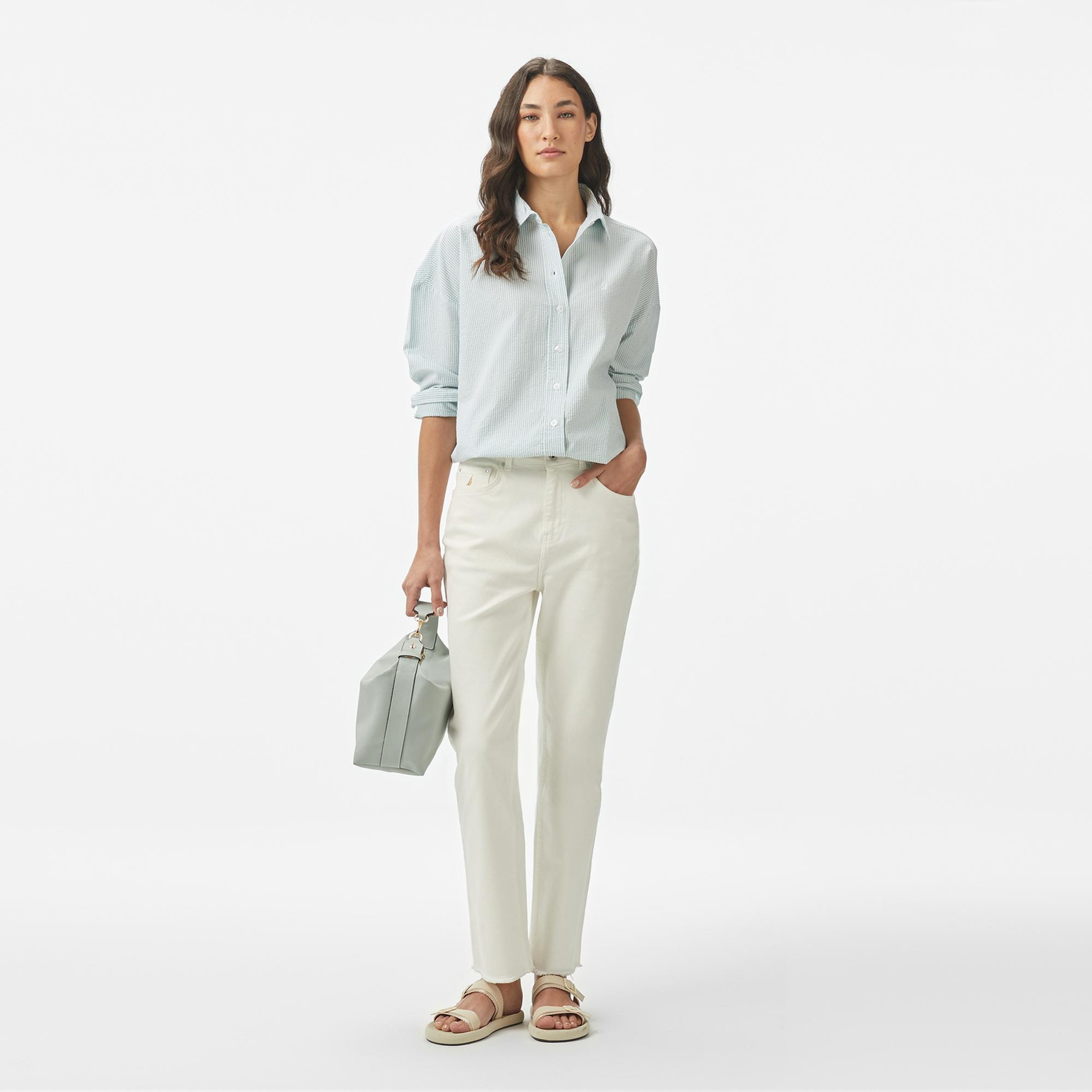 Nautica Kadın Yeşil Regular Fit Çizgili Gömlek