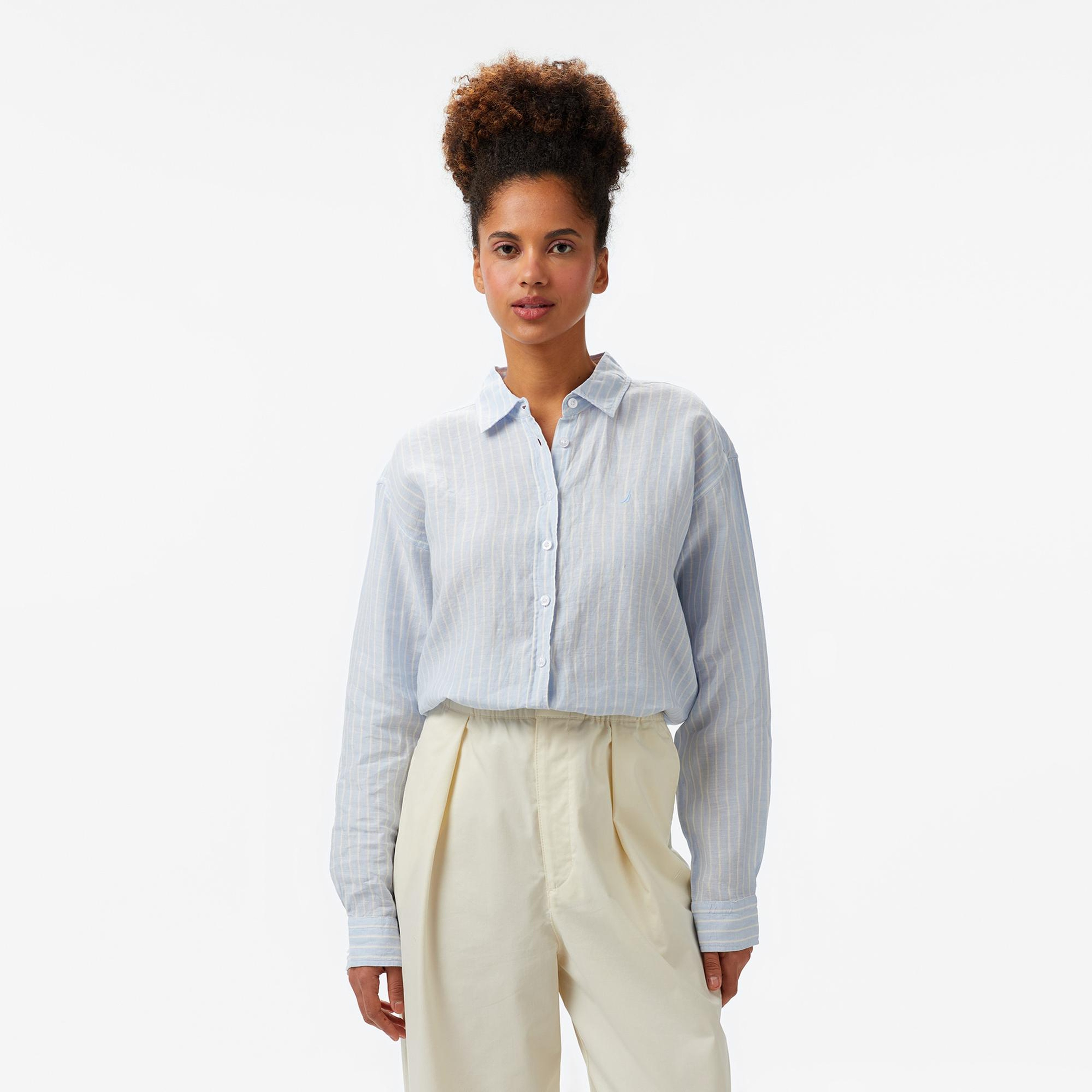 Nautica Kadın Mavi Regular Fit Keten Çizgili Gömlek