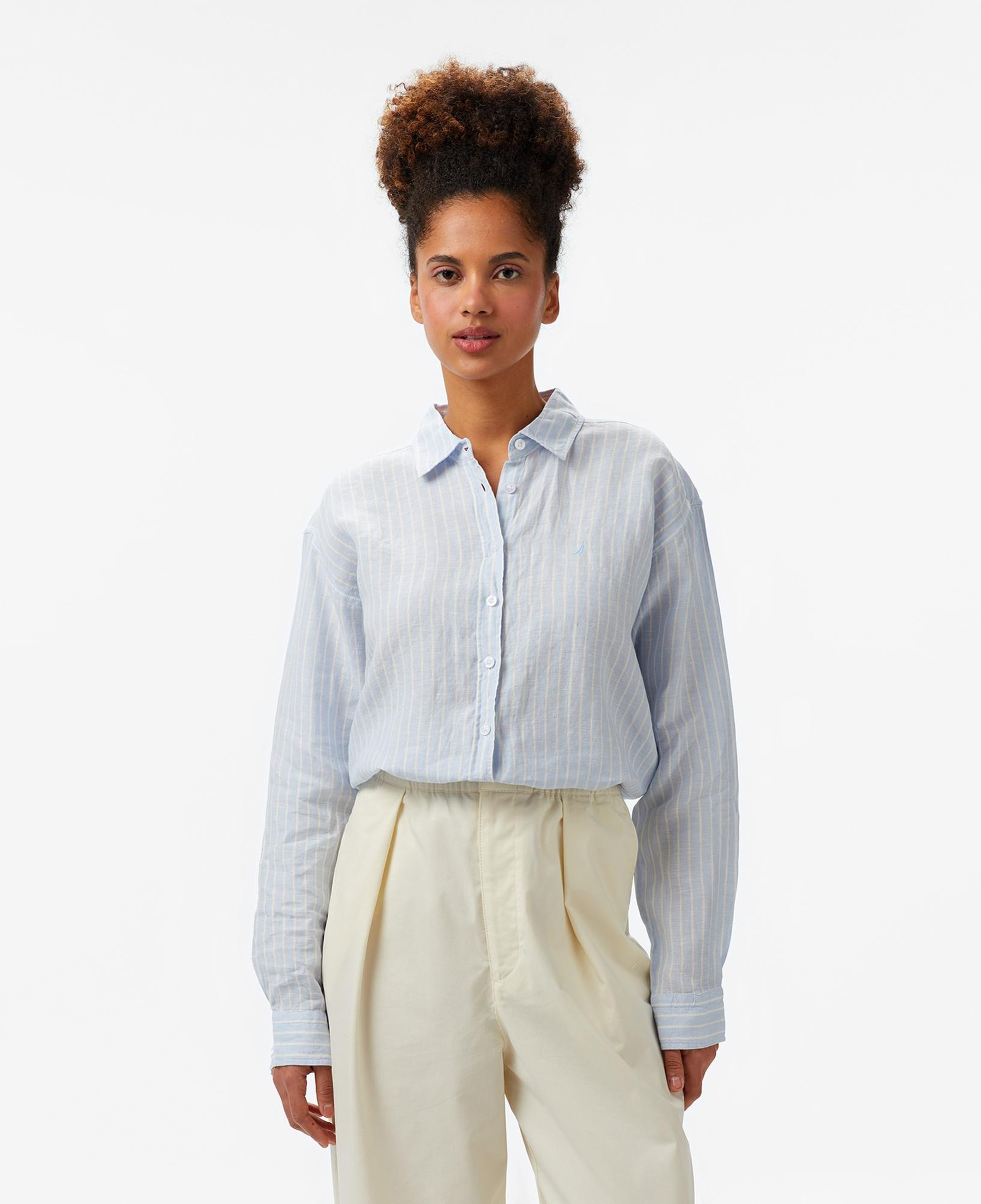 Nautica Kadın Mavi Regular Fit Keten Çizgili Gömlek