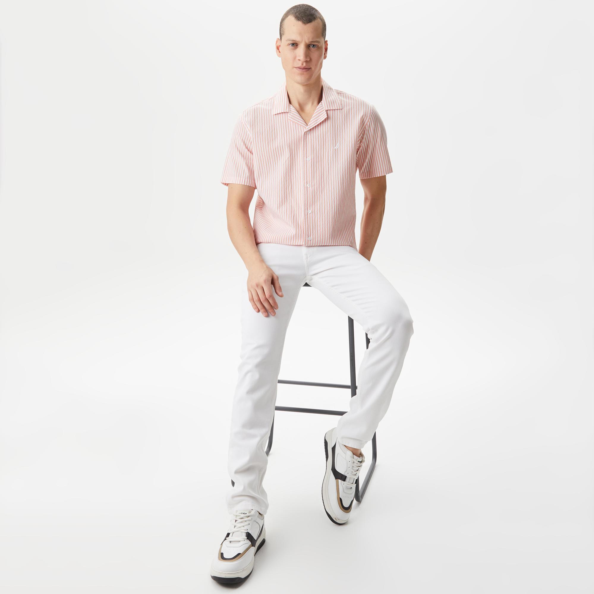 Nautica Erkek Turuncu Classic Fit Kısa Kollu Çizgili Gömlek