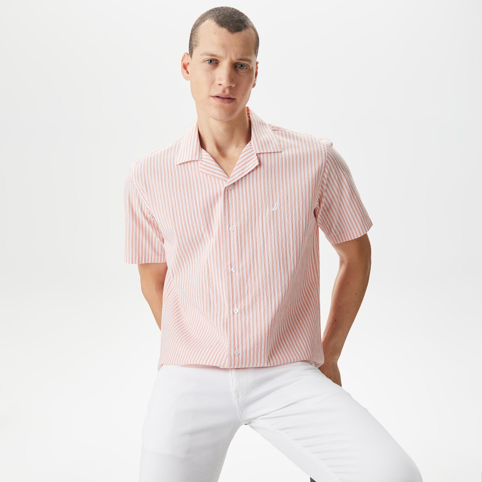 Nautica Erkek Turuncu Classic Fit Kısa Kollu Çizgili Gömlek