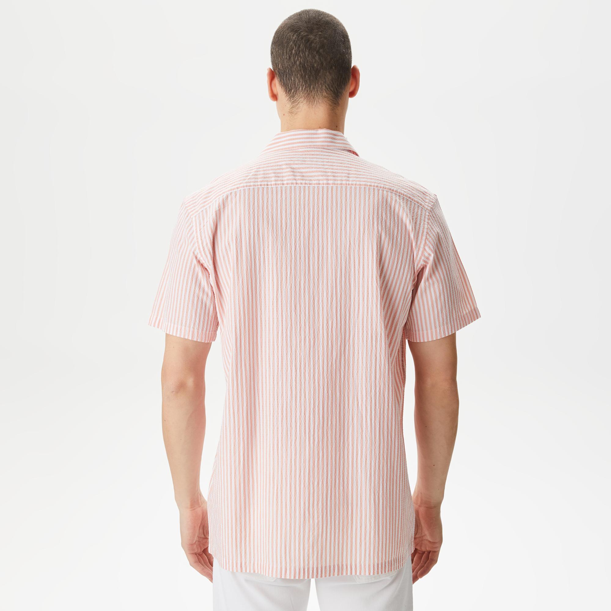 Nautica Erkek Turuncu Classic Fit Kısa Kollu Çizgili Gömlek