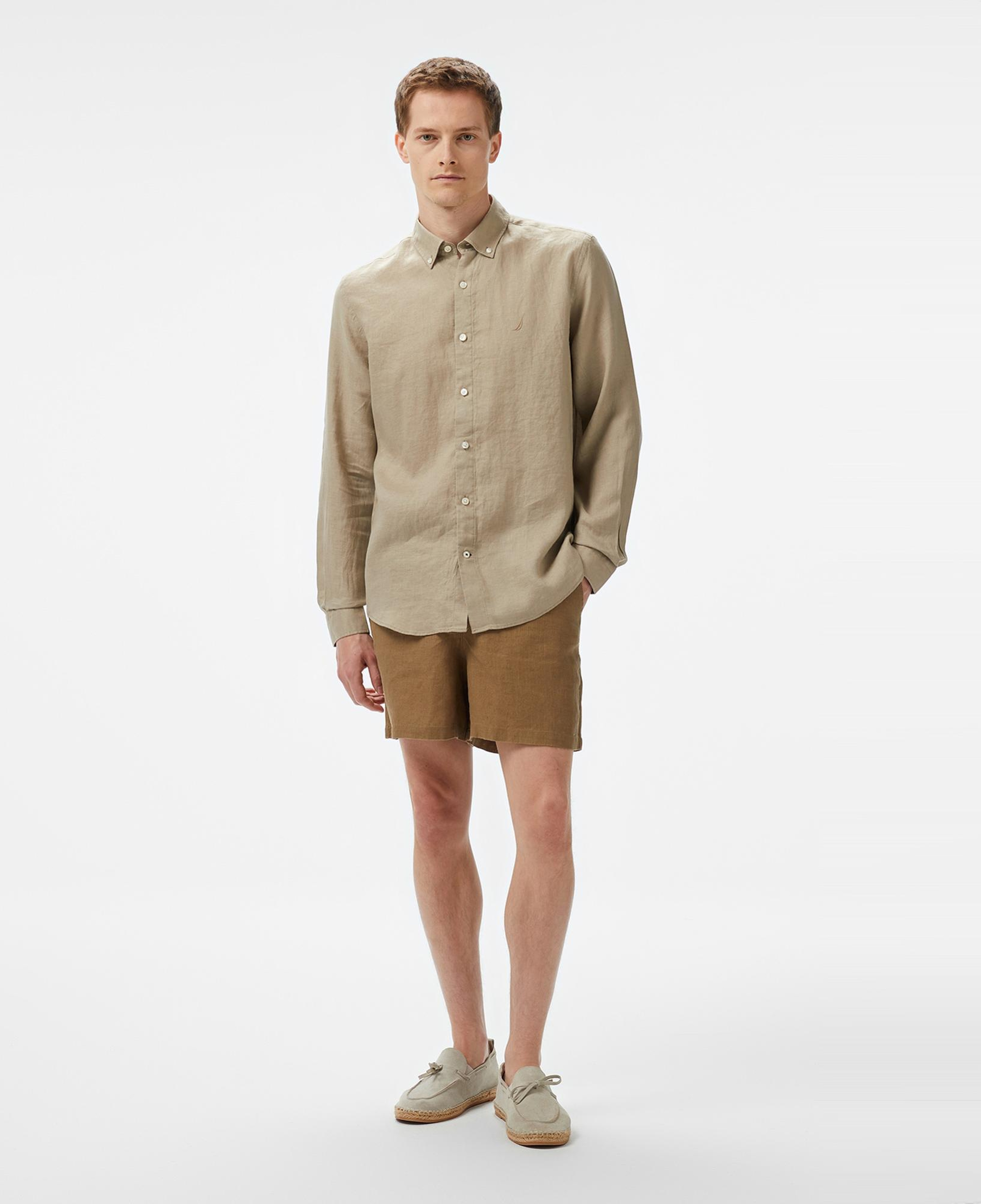 Nautica Erkek Bej Classic Fit Keten Gömlek