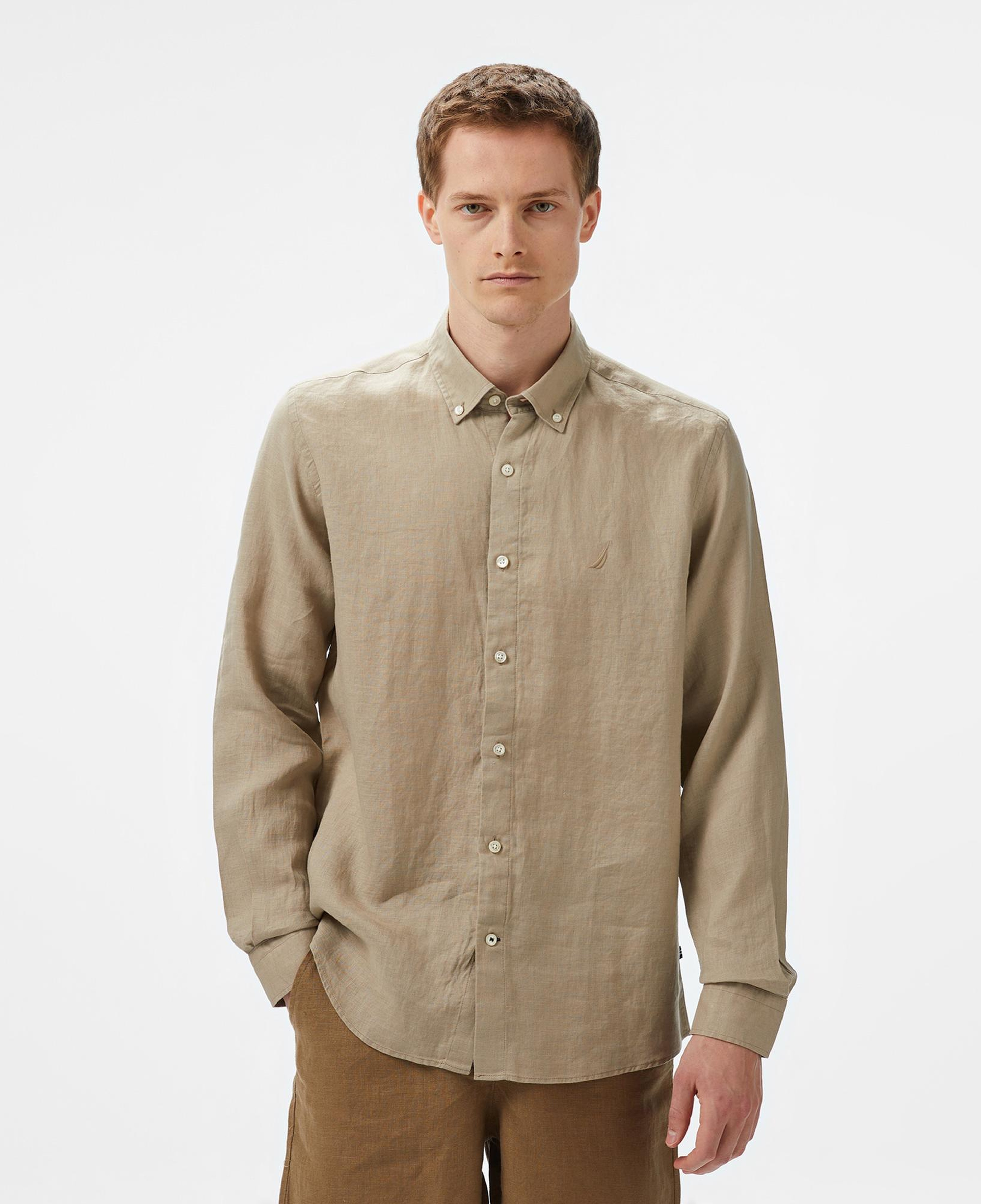 Nautica Erkek Bej Classic Fit Keten Gömlek