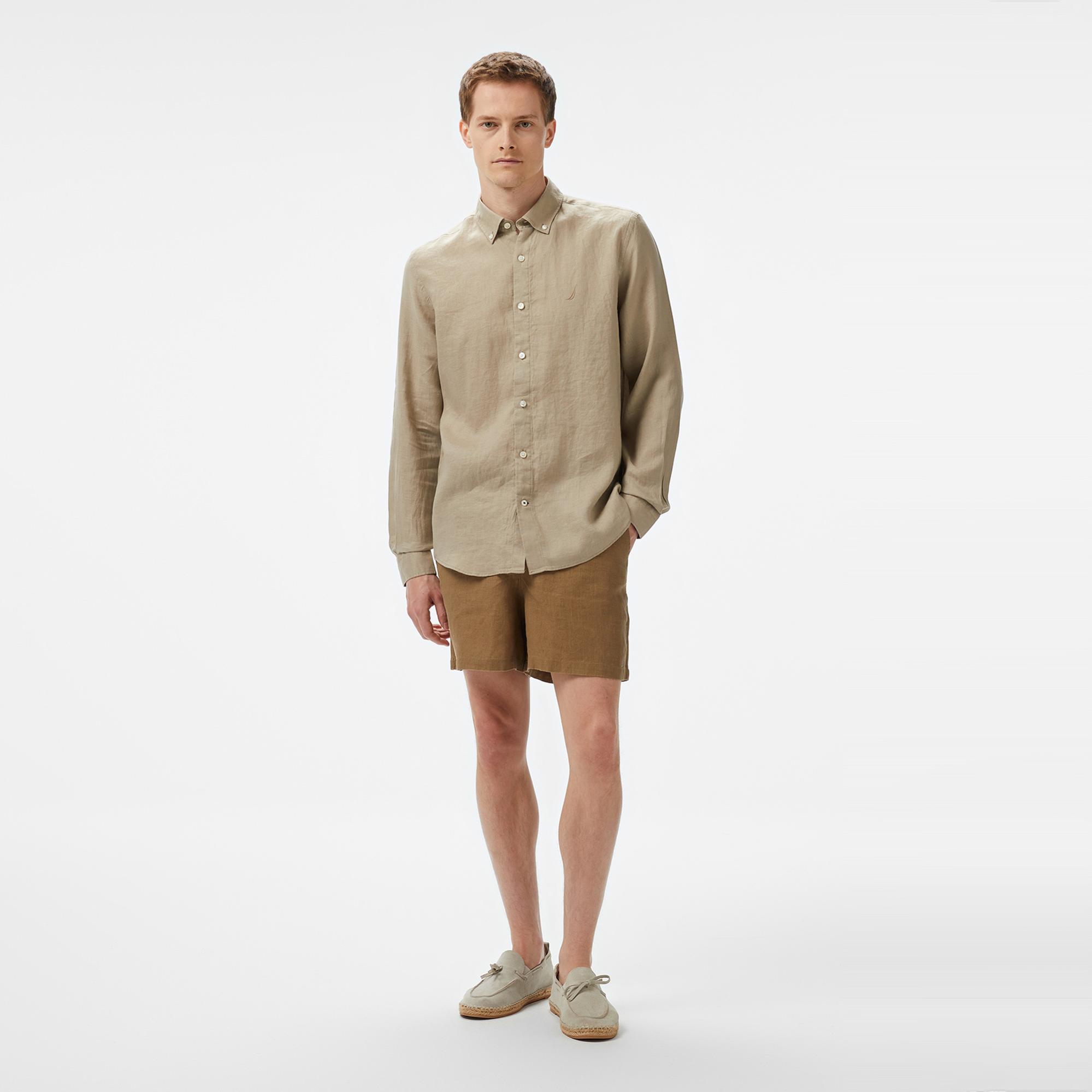 Nautica Erkek Bej Classic Fit Keten Gömlek