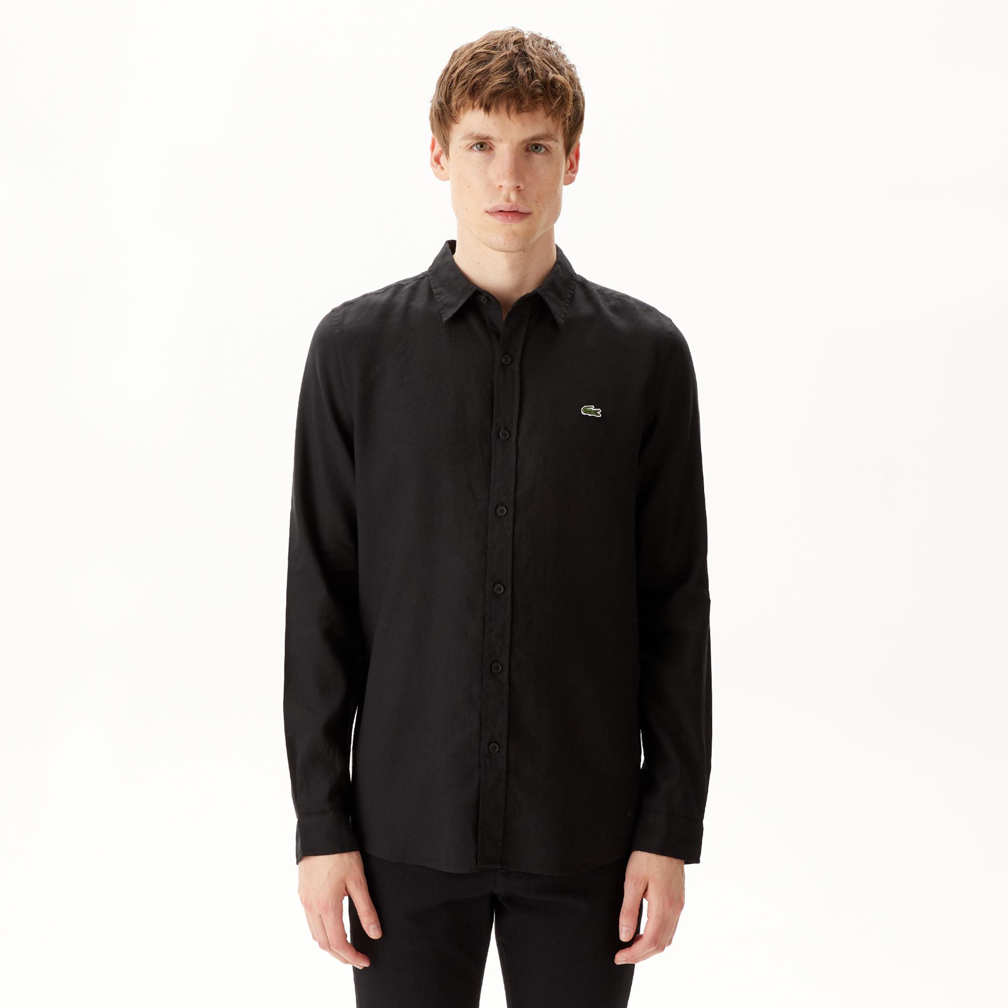 Lacoste Erkek Slim Fit Keten Siyah Gömlek