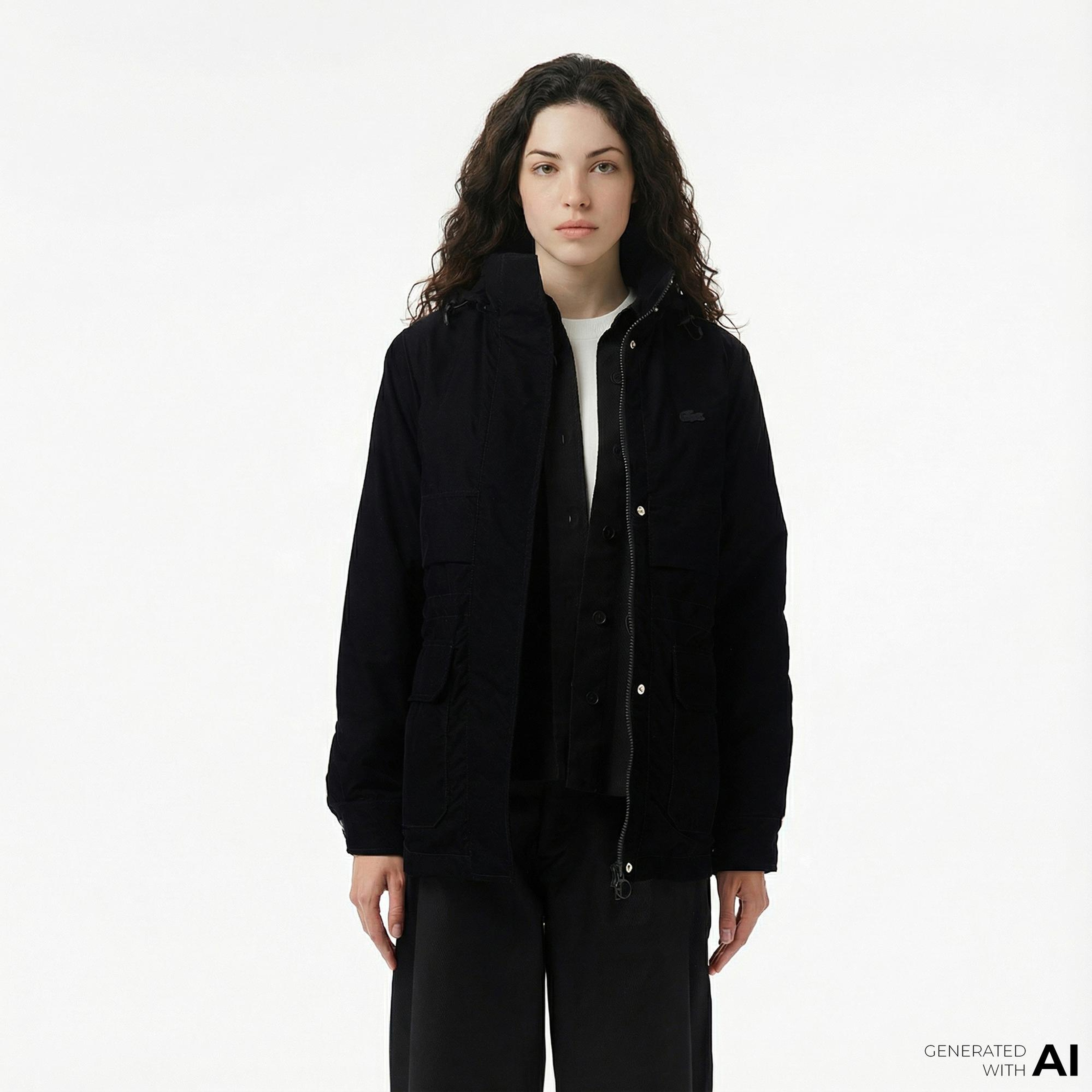 Lacoste Kadın Kapüşonlu Siyah Mont