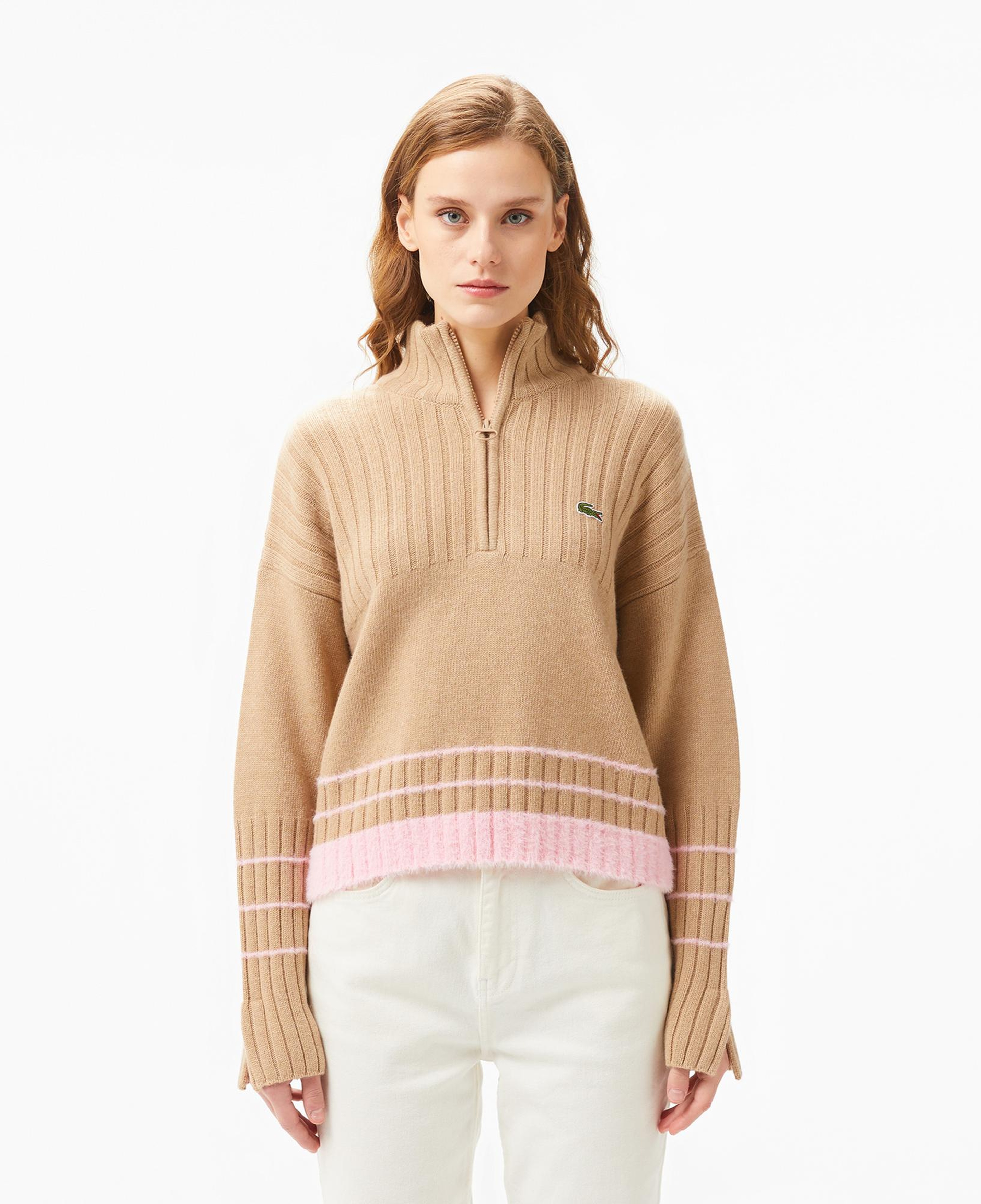 Lacoste Kadın Regular Fit Yarım Fermuarlı Renk Bloklu Bej Kazak