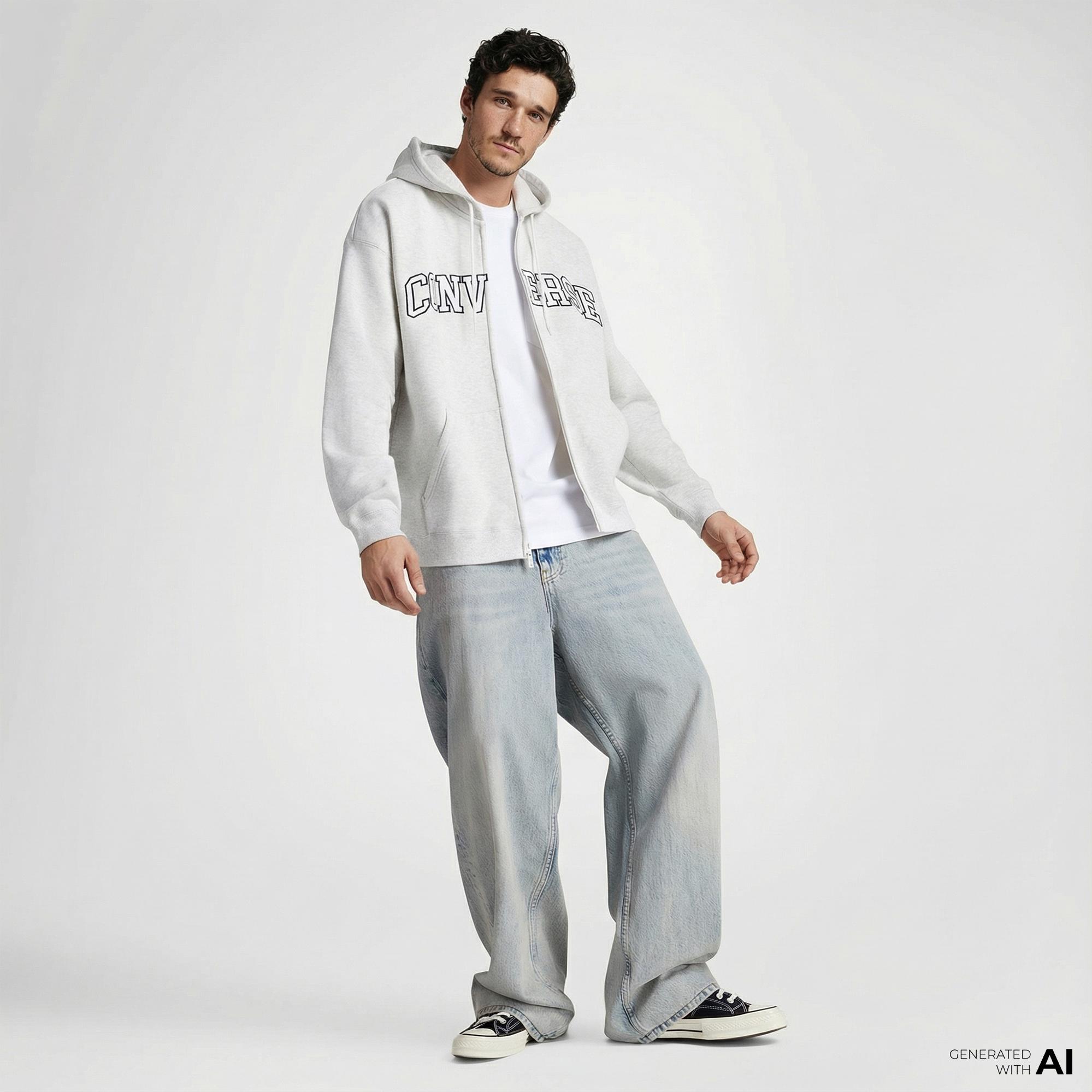 Converse Erkek Fermuarlı Gri Hoodie