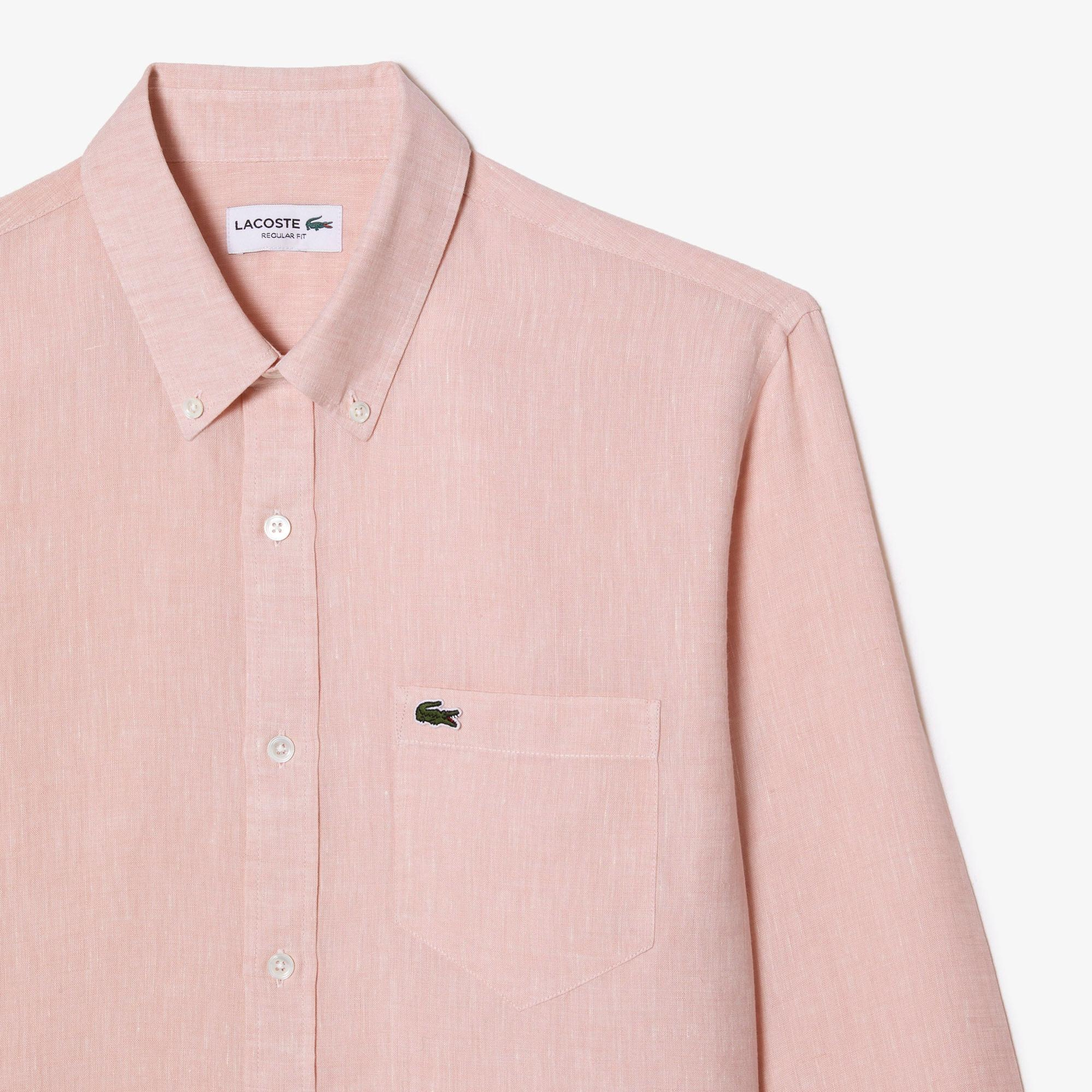 Lacoste Erkek Regular Fit Düğmeli Yaka Keten Açık Pembe Gömlek