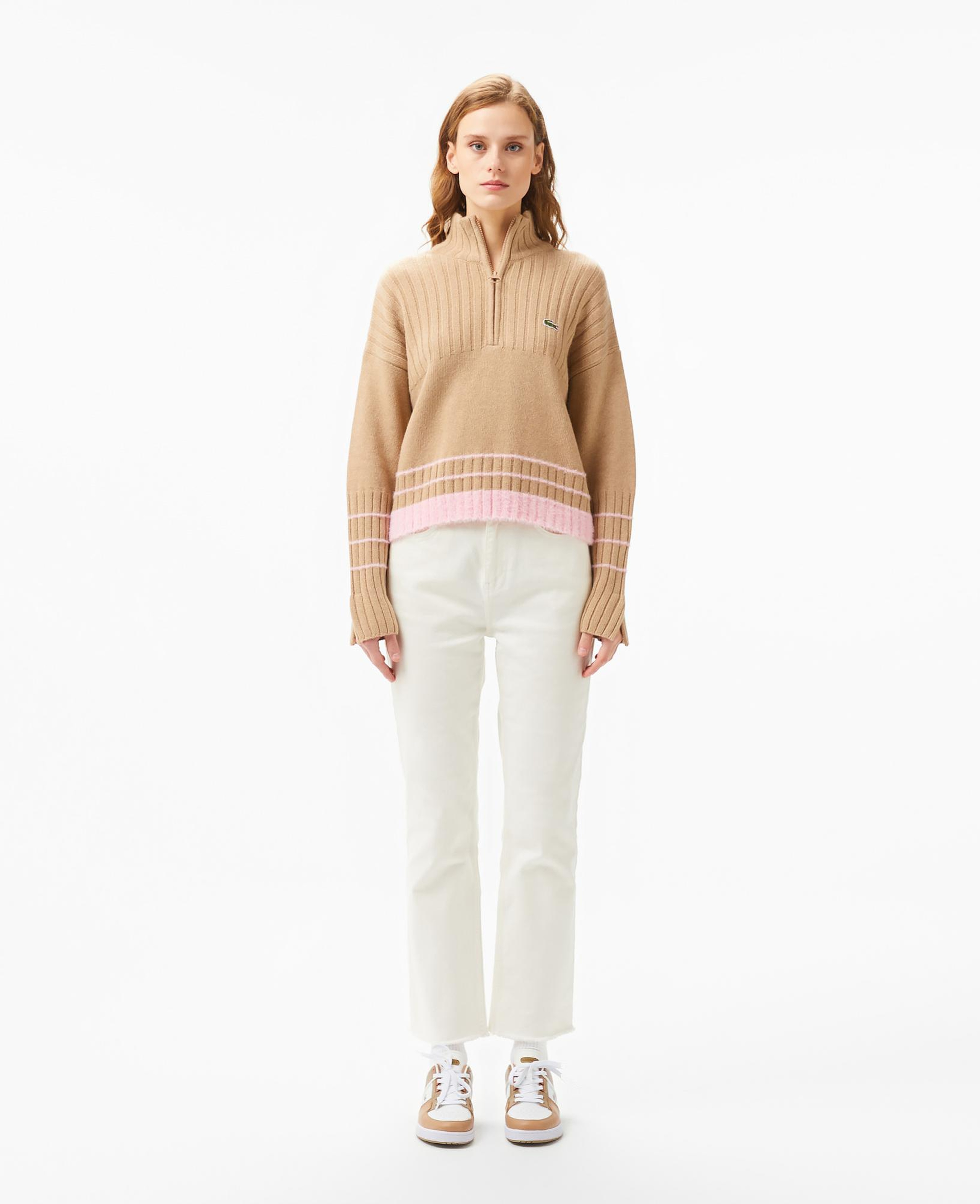 Lacoste Kadın Regular Fit Yarım Fermuarlı Renk Bloklu Bej Kazak