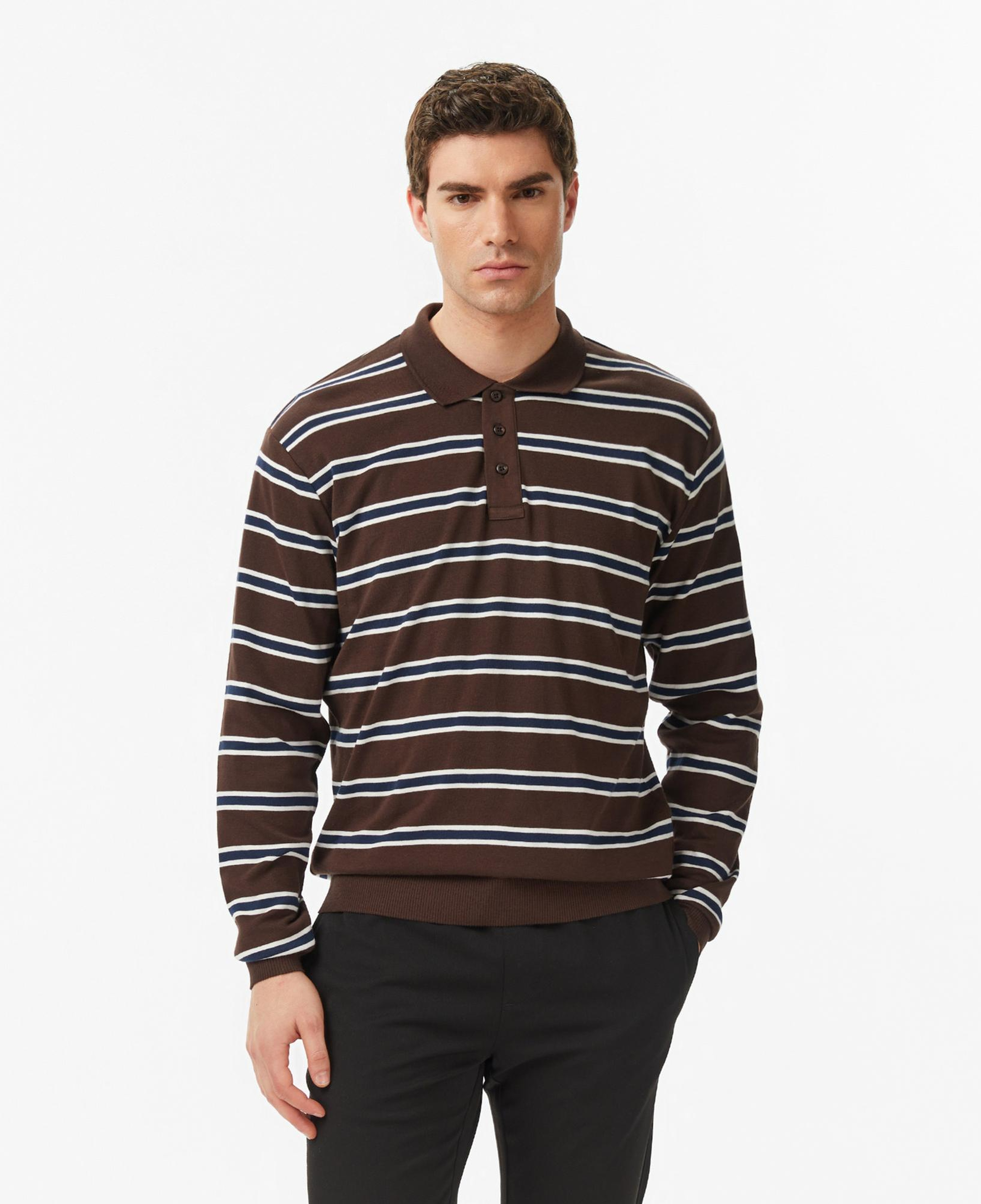 Nautica Erkek Kahverengi Regular Fit Uzun Kollu Çizgili Polo Yaka T-Shirt
