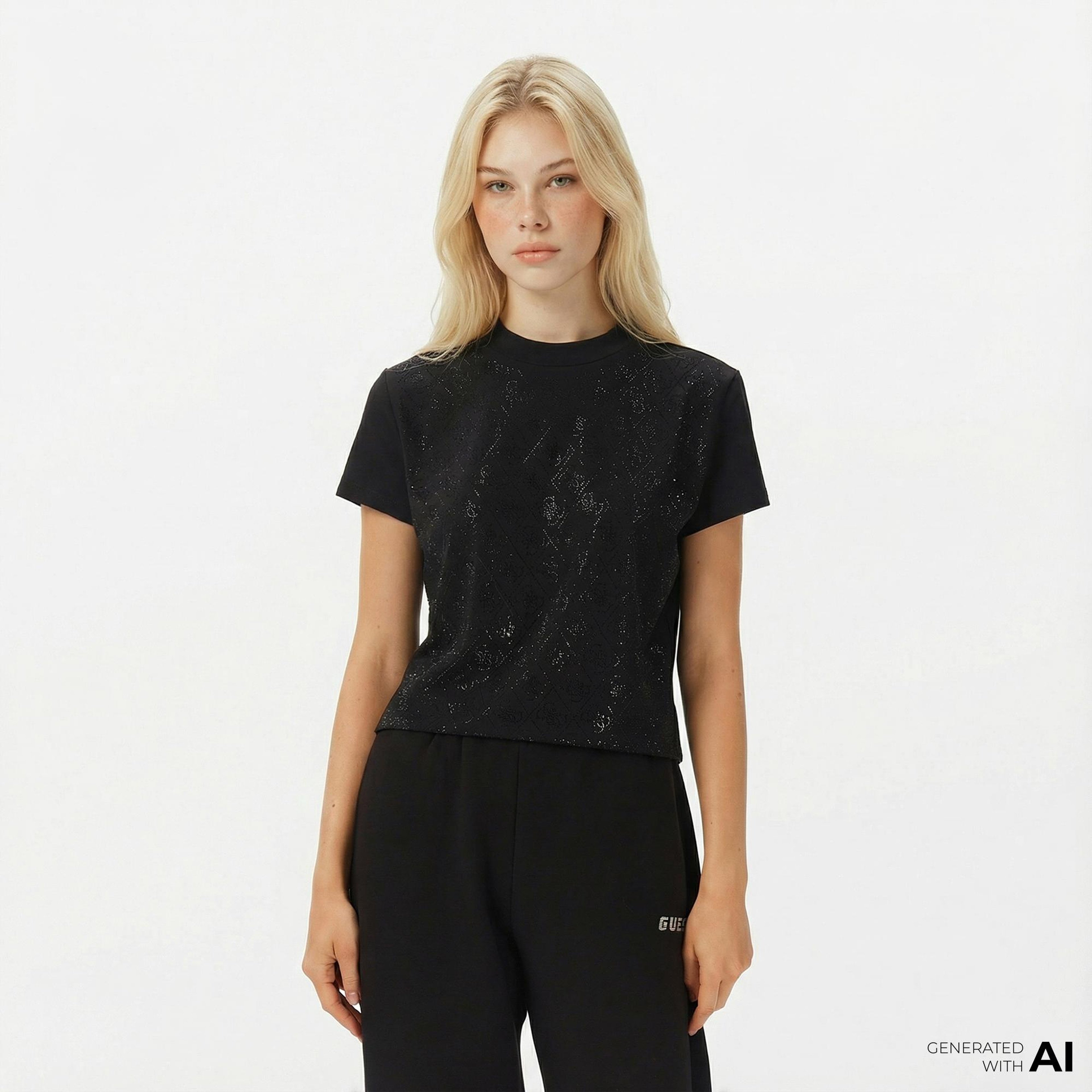 Guess Mock Slim Fit Kadın Siyah T-Shirt