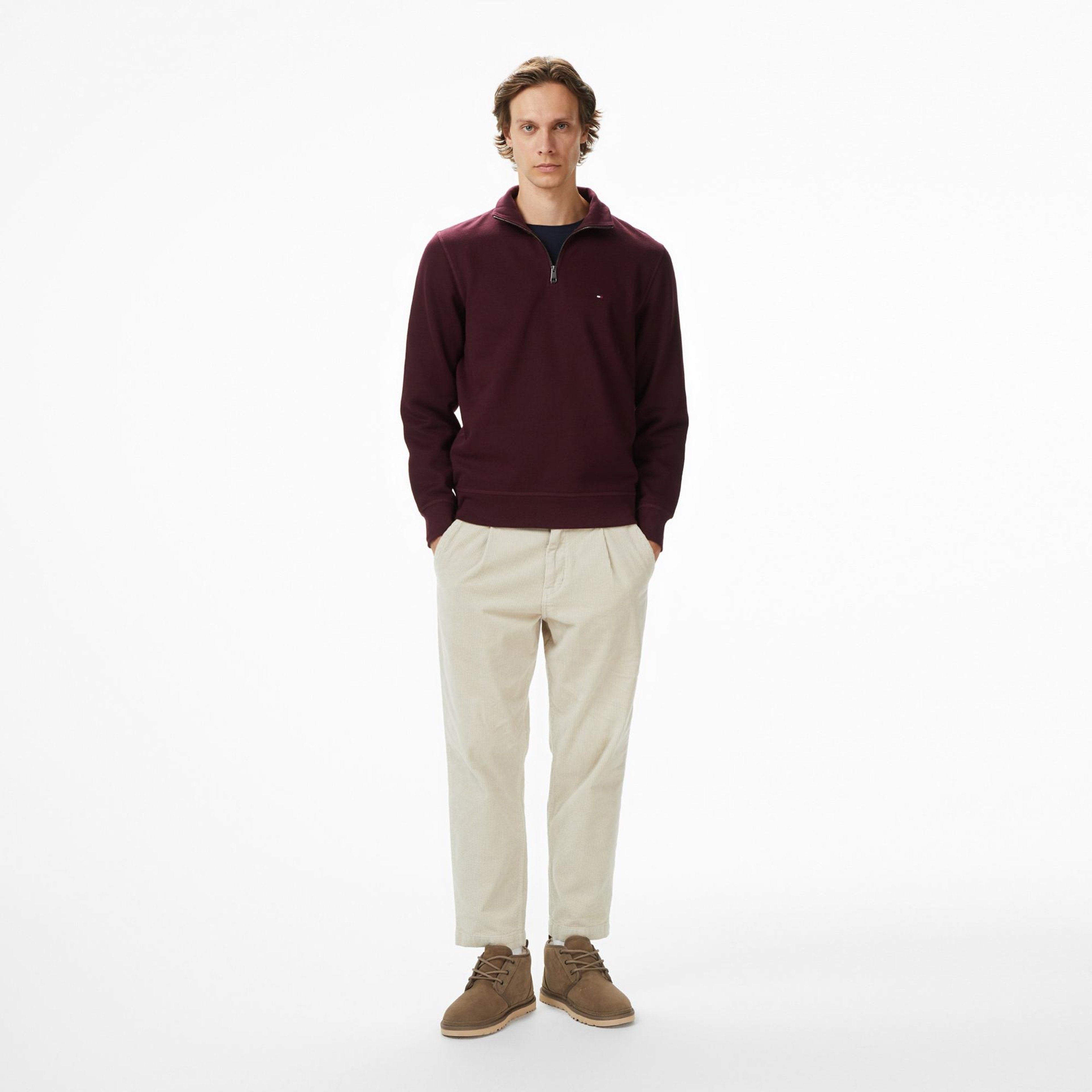 Tommy Hilfiger Essential Fleece 1/4 Erkek Yarım Fermuarlı Bordo Sweatshirt