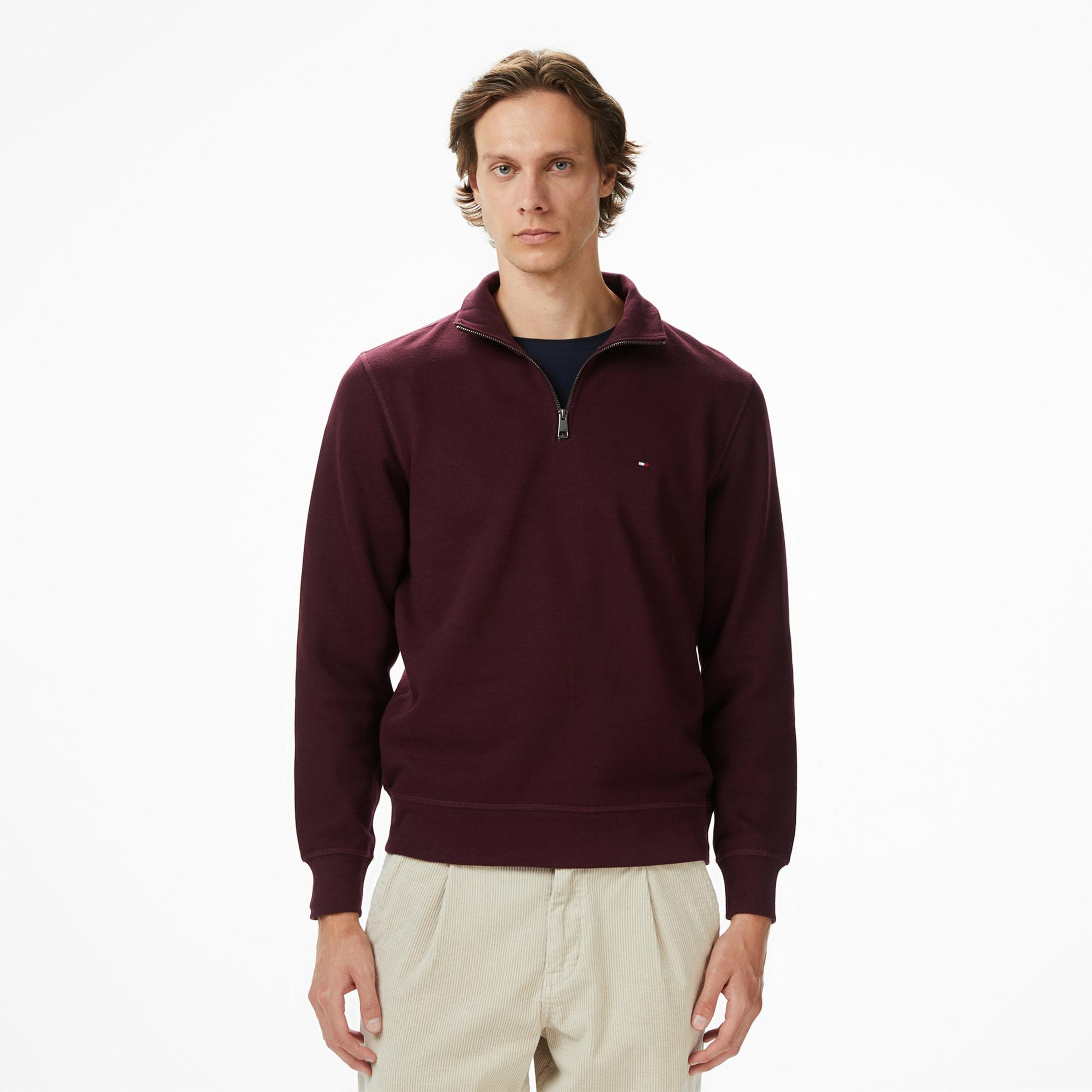 Tommy Hilfiger Essential Fleece 1/4 Erkek Yarım Fermuarlı Bordo Sweatshirt