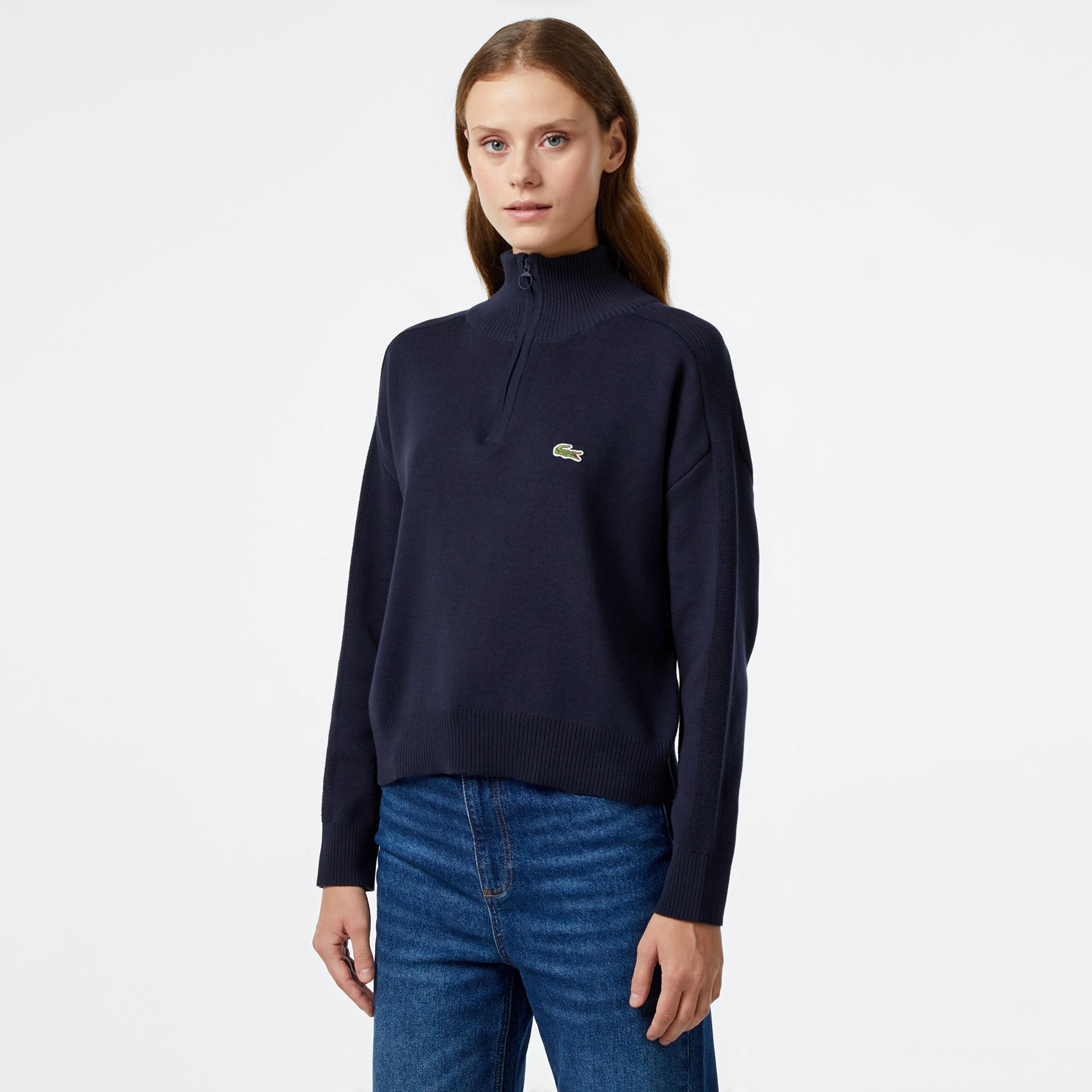 Lacoste Kadın Relaxed Fit Yarım Fermuarlı Lacivert Triko