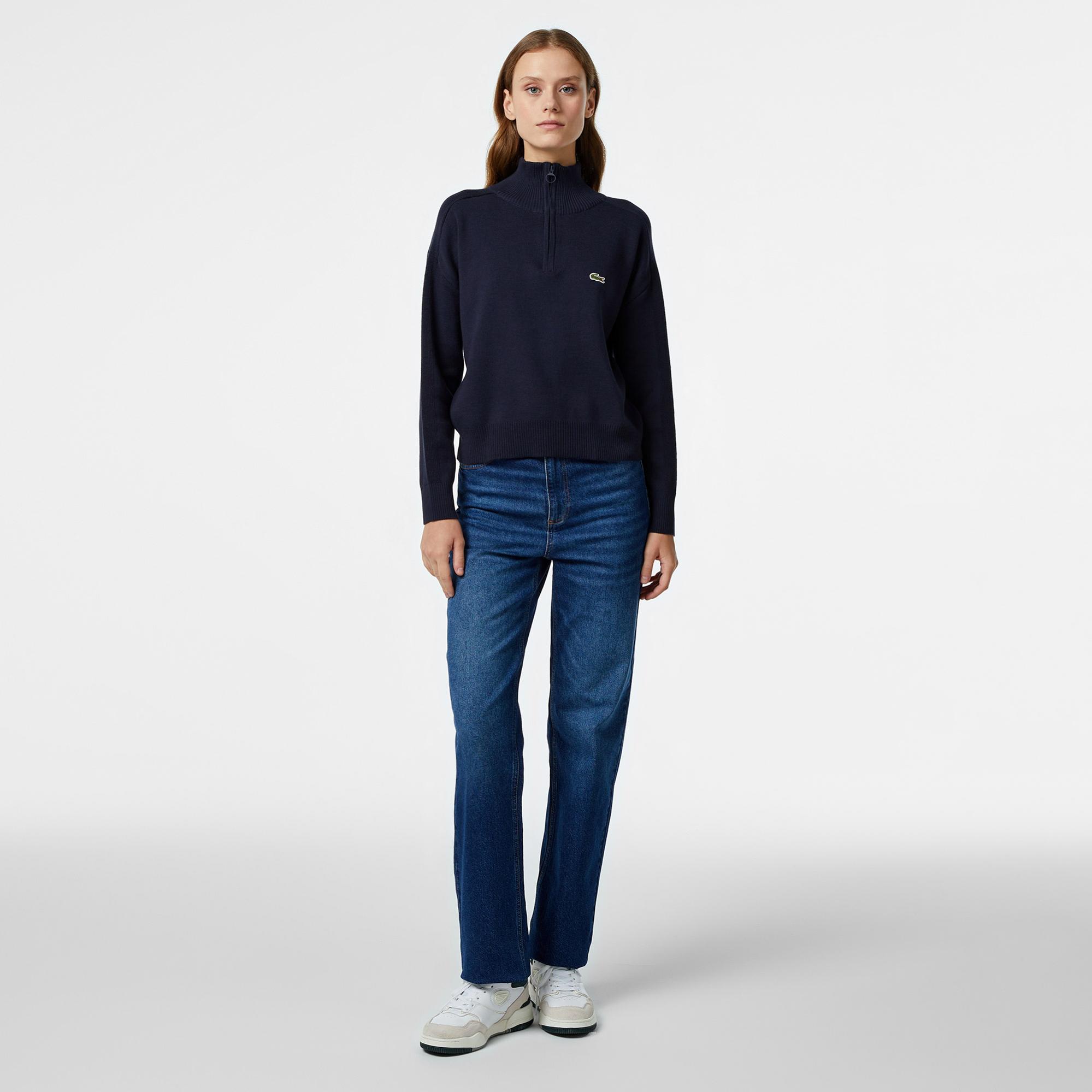 Lacoste Kadın Relaxed Fit Yarım Fermuarlı Lacivert Triko