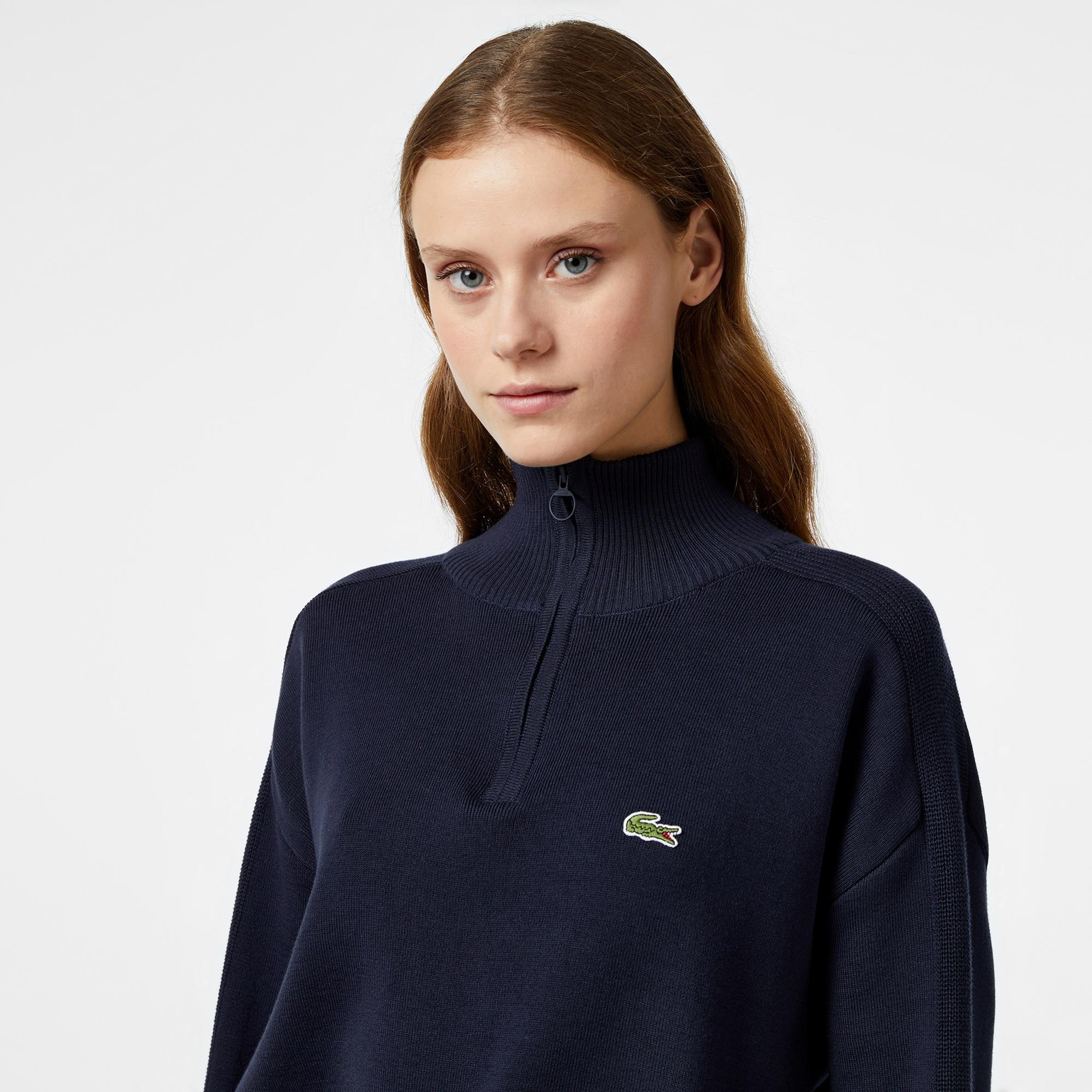 Lacoste Kadın Relaxed Fit Yarım Fermuarlı Lacivert Triko