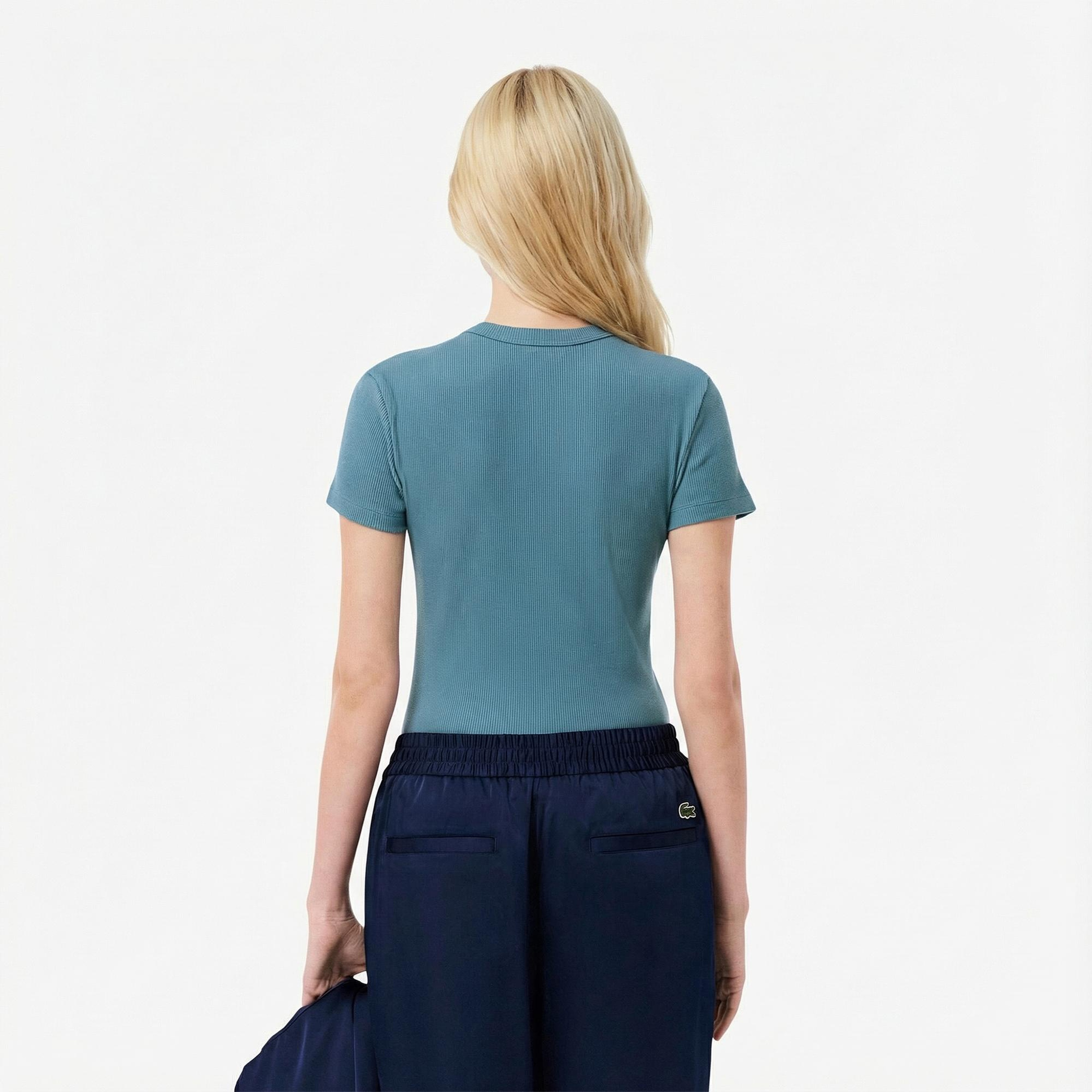 Lacoste Kadın Slim Fit Bisiklet Yaka Mavi T-Shirt