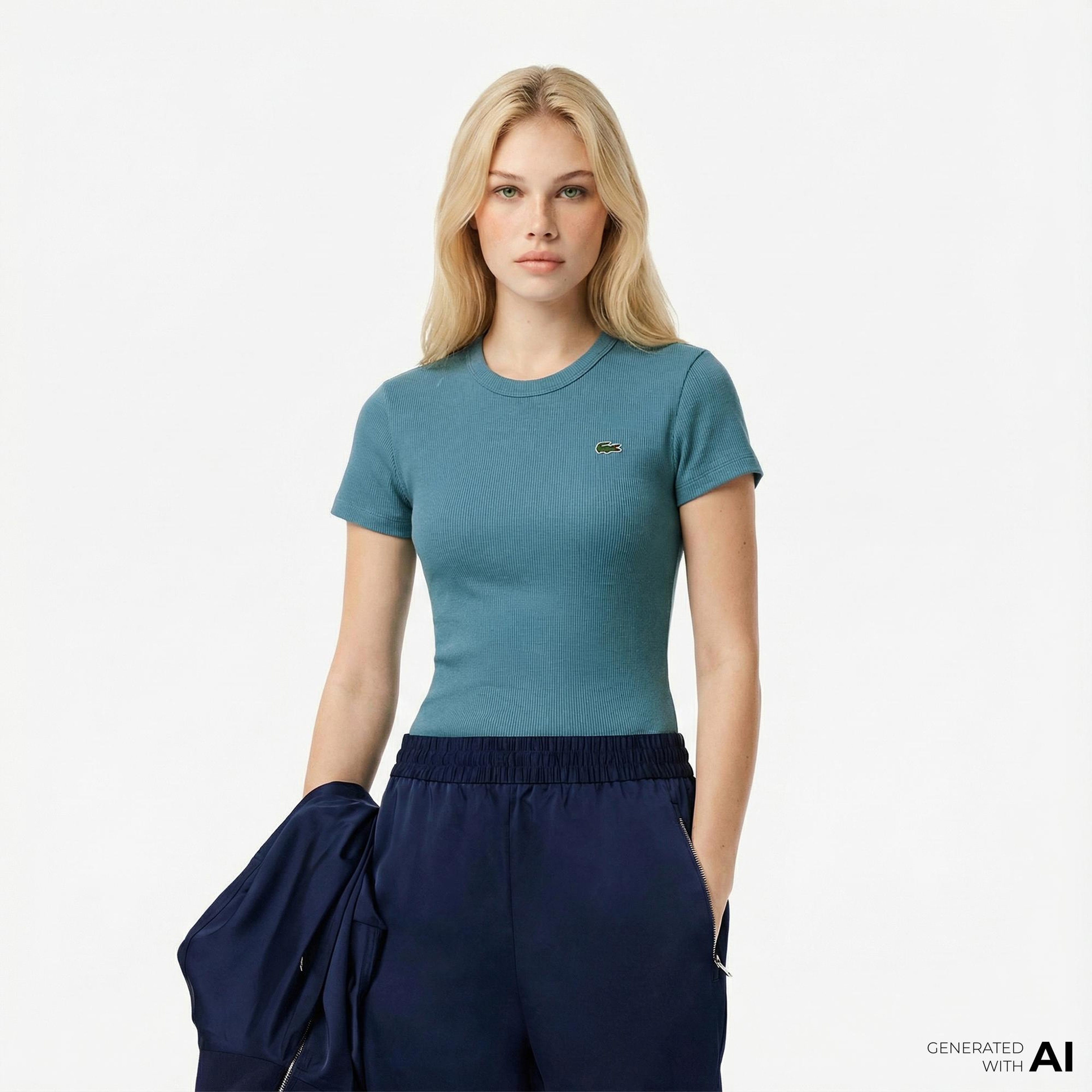 Lacoste Kadın Slim Fit Bisiklet Yaka Mavi T-Shirt